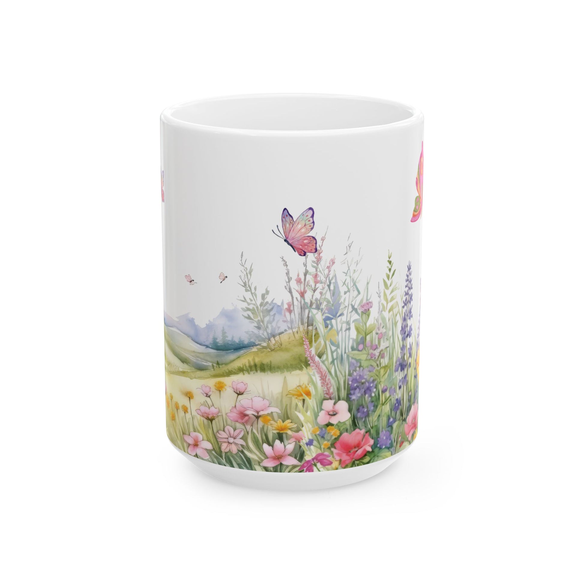 Wildflowers & Butterflies Mug - 11oz & 15oz | Floral Coffee Cup for Tea, Hot Chocolate | Nature-Inspired Gift for Butterfly & Flower Lovers