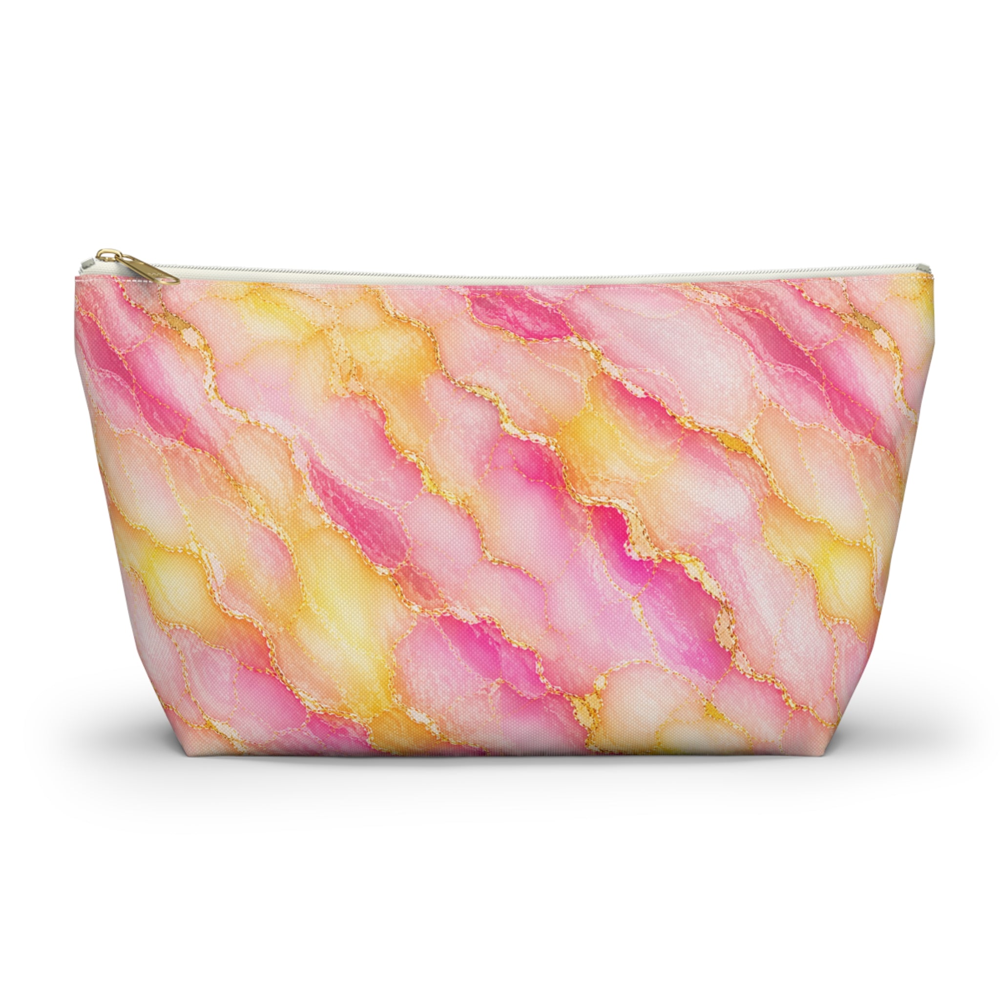 Pink & Gold Watercolor Marble Makeup Pouch — T‑Bottom Accessory Bag