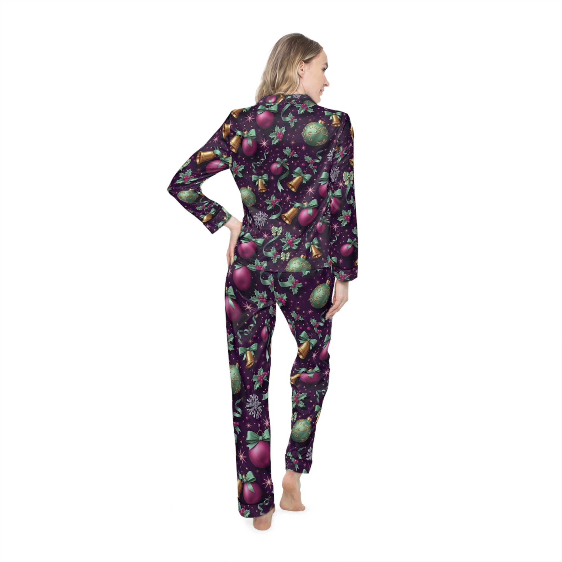 Women's Holiday Satin Pajamas, Cozy Sleepwear, Festive Loungewear, Christmas Gift, All-Over Print PJs, Christmas Morning Outfit