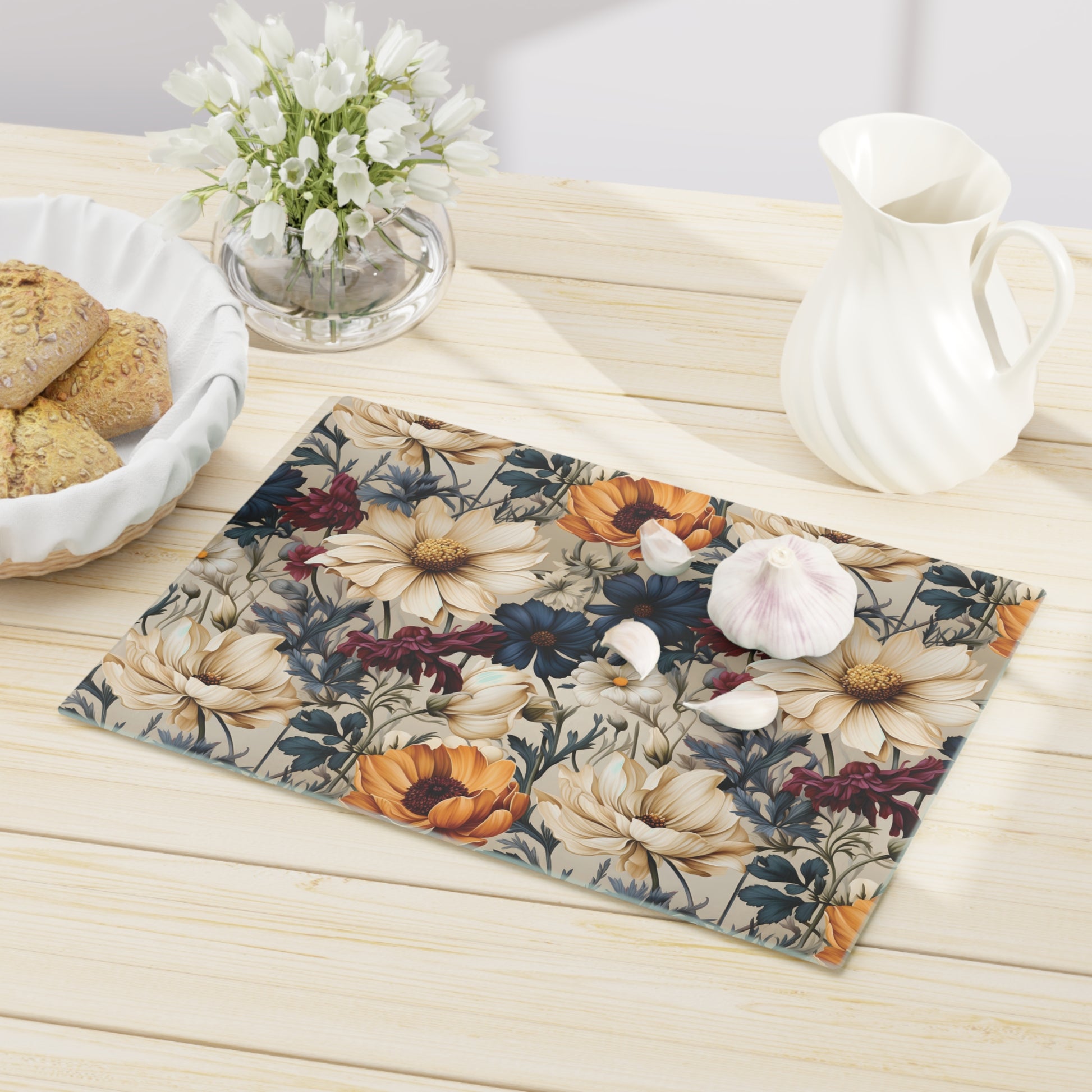 Durable Tempered Glass Cutting Board – Elegant Winter Floral Design | Heat-Resistant, Non-Slip, Stylish Kitchen Decor Navy, Amethyst, White & MorePerfect for Kitchen Prep, Chopping, and Serving with Style - MRSBYVALLE