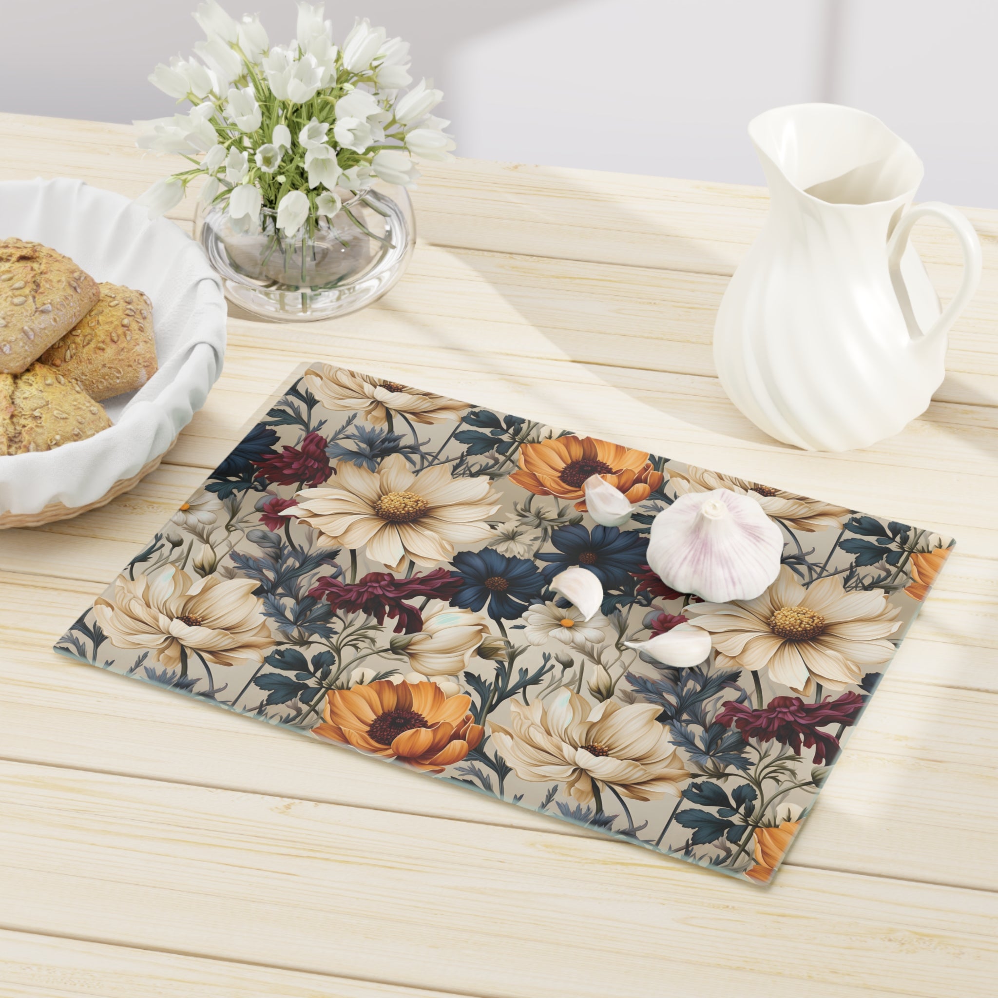 Durable Tempered Glass Cutting Board – Elegant Winter Floral Design | Heat-Resistant, Non-Slip, Stylish Kitchen Decor Navy, Amethyst, White & MorePerfect for Kitchen Prep, Chopping, and Serving with Style - MRSBYVALLE