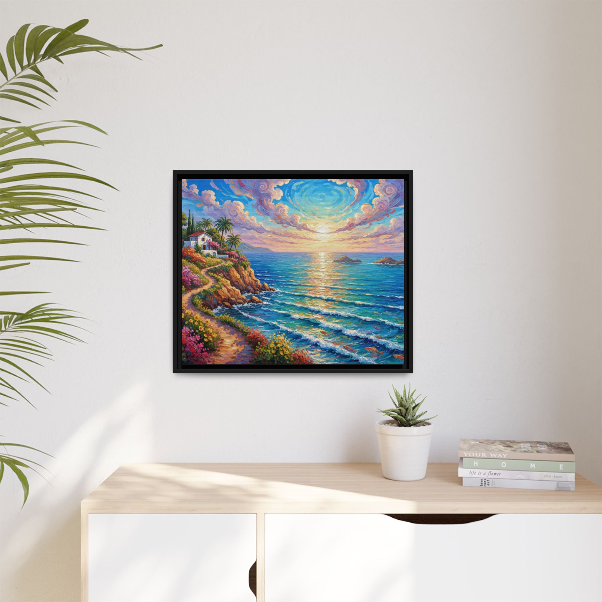 Toile imprimée florale océanique | Décoration murale colorée et lumineuse de paysage marin, œuvre d'art de bureau encadrée et mate