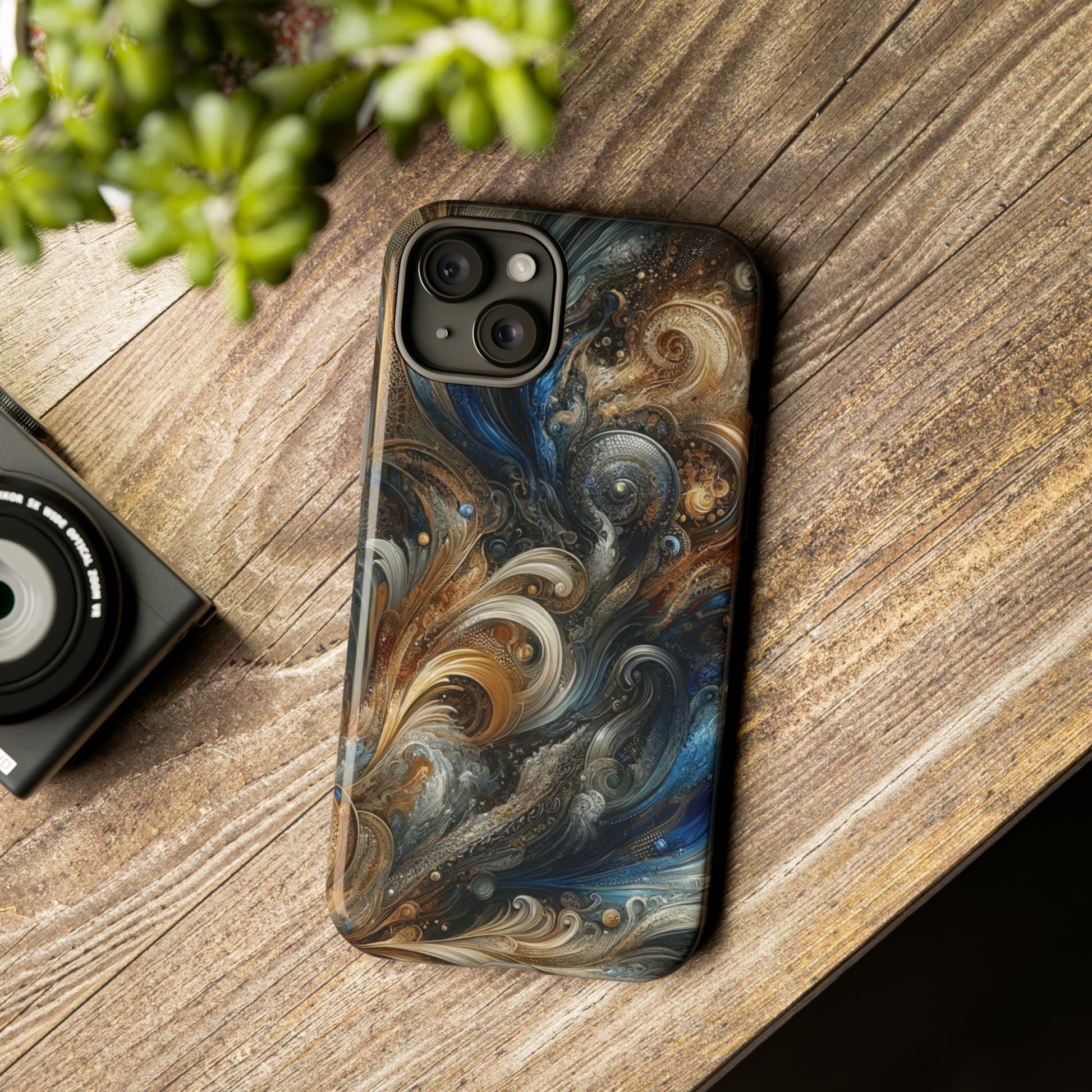 Gold and Navy Art Design Luxury Phone Tough Case Floral Elegant Durable Stylish for Modern Devices iPhone 15, Samsung iPhone Samsung Accessory Gift for Her.