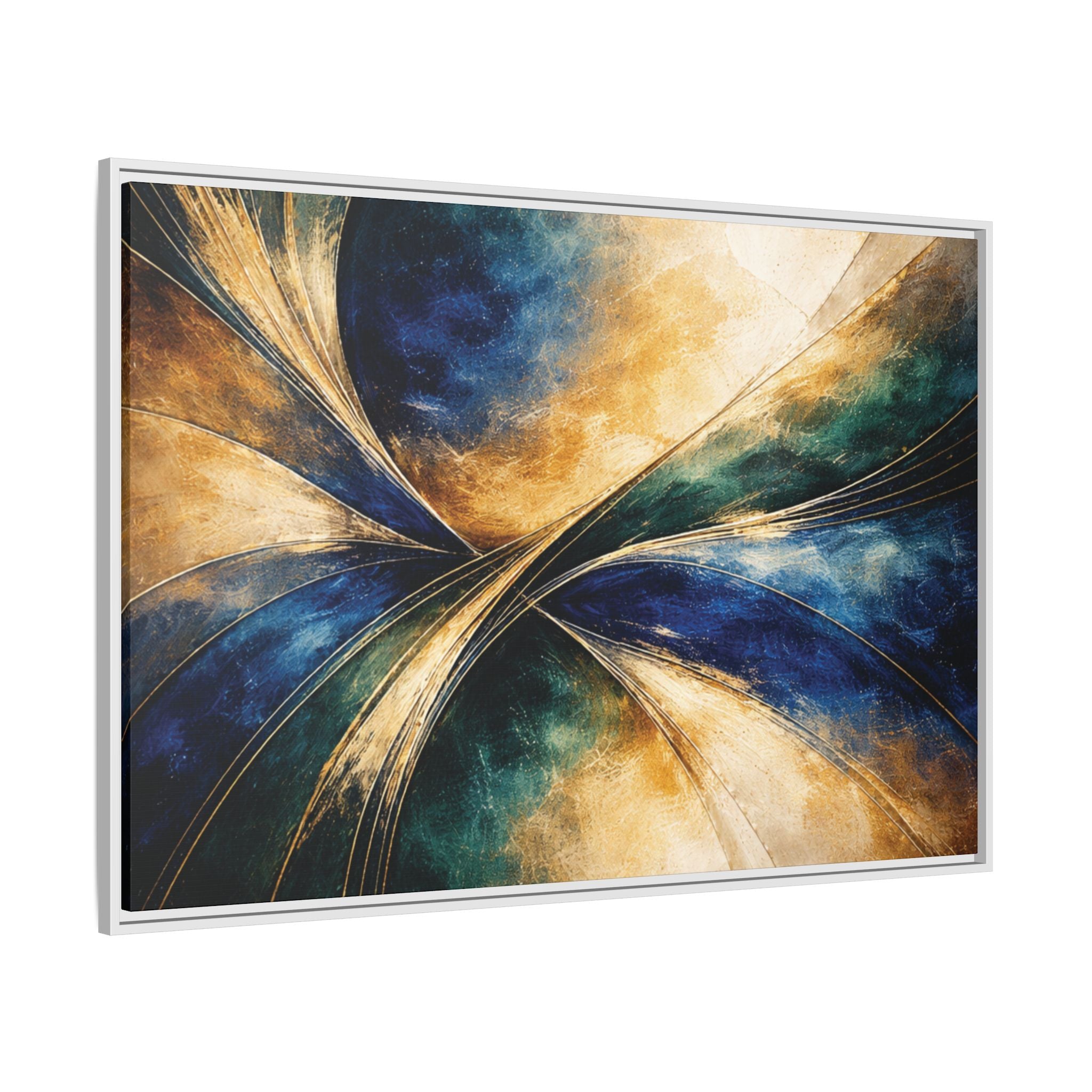 Gilded Convergence  Luxe NeoDeco Blue & Gold Abstract Wall Art Framed