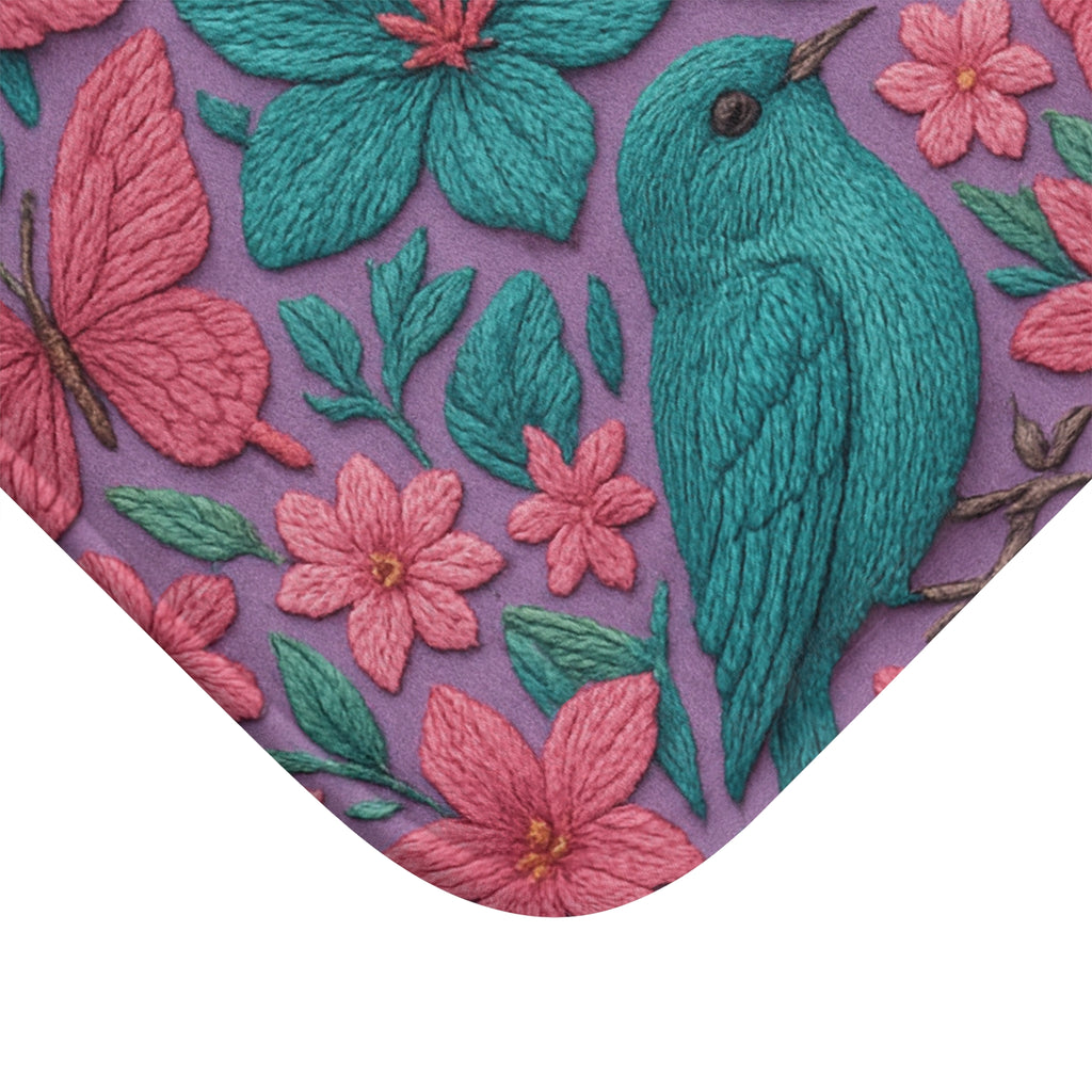 Turquoise, Pink & Lavender 3D Embroidery Illusion Bathmat Tropical Floral Print with Birds & Butterflies for a Bold, Elegant Bathroom Upgrade Comfort Home
