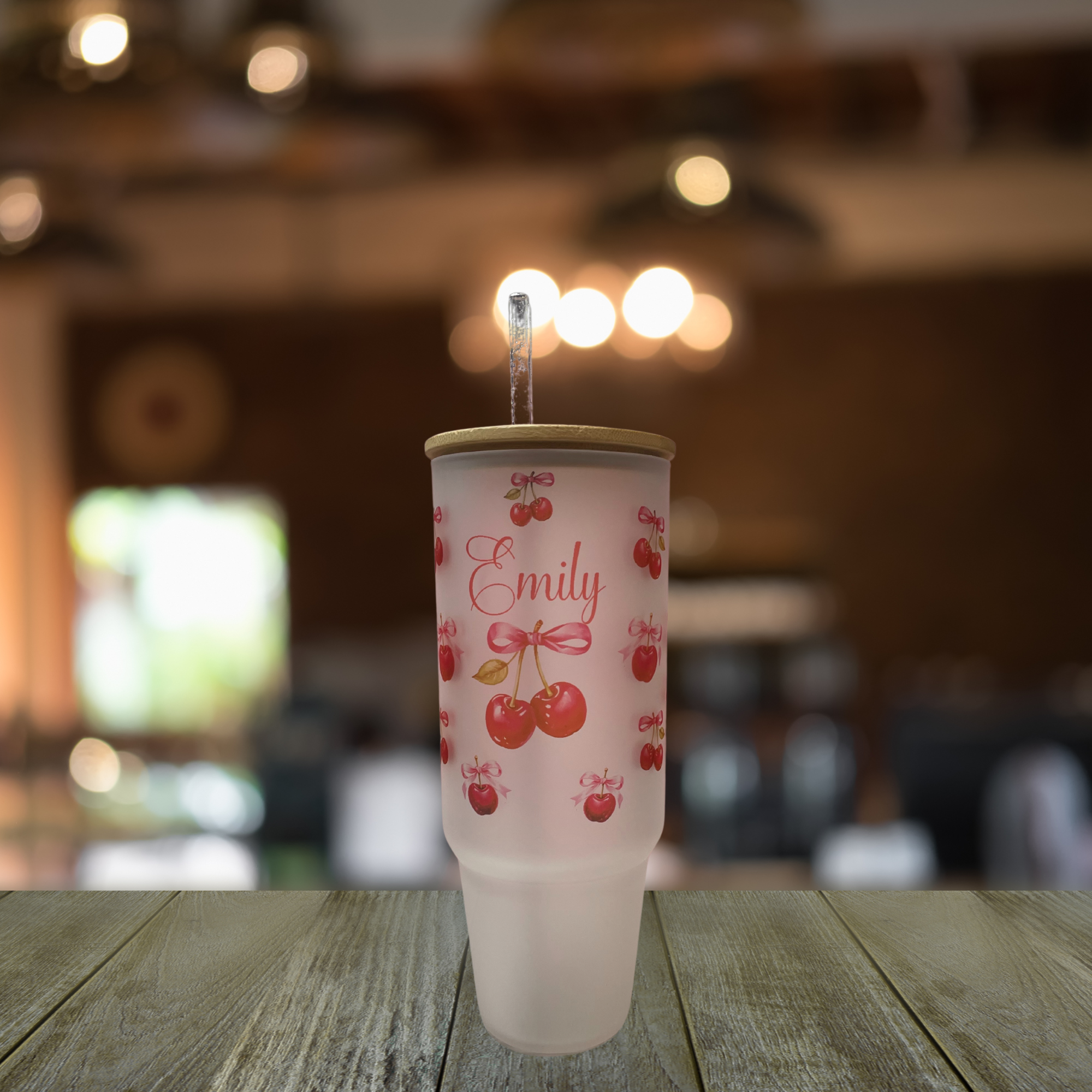Personalized 40oz Frosted Cup with Lid & Straw - Cherry & Pink Bow Design - Custom Name  Perfect for Gifts, Parties, & Everyday Use - Cute & Stylish Drinkware - MRSBYVALLE