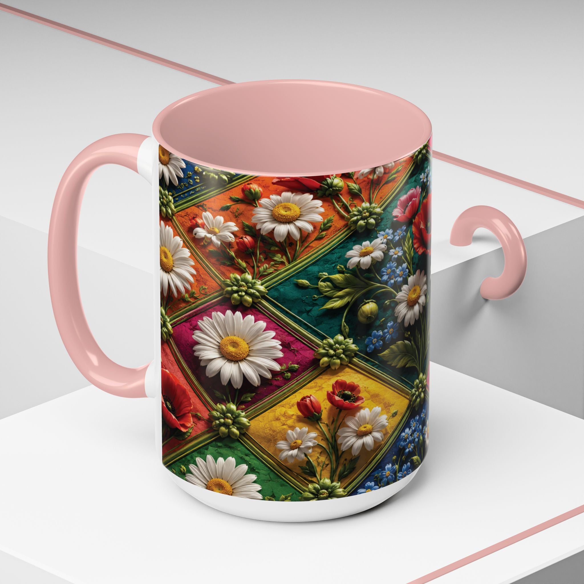 Floral Patchwork Accent Coffee Mug — Colorful Poppies & Daisies (11/15oz) 3D Illusion