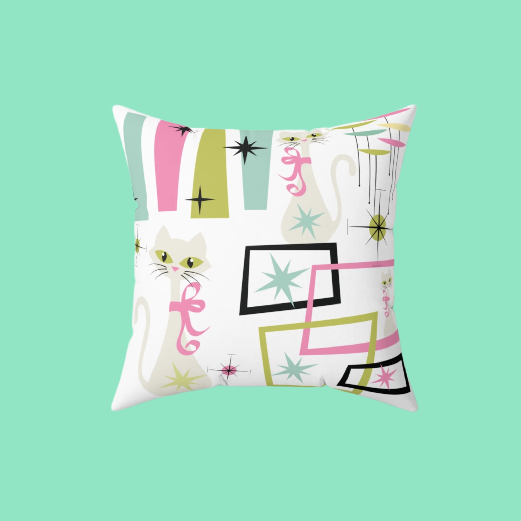 Mid-Century Modern Atomic Kitty Cats Square Pillow – Retro 50s Pastel Design, Vintage-Inspired Home Decor for a Chic & Cozy Touch!  Perfect for Home Decor & Gifting Sofa Decor 100% Polyester with Double-Sided Print