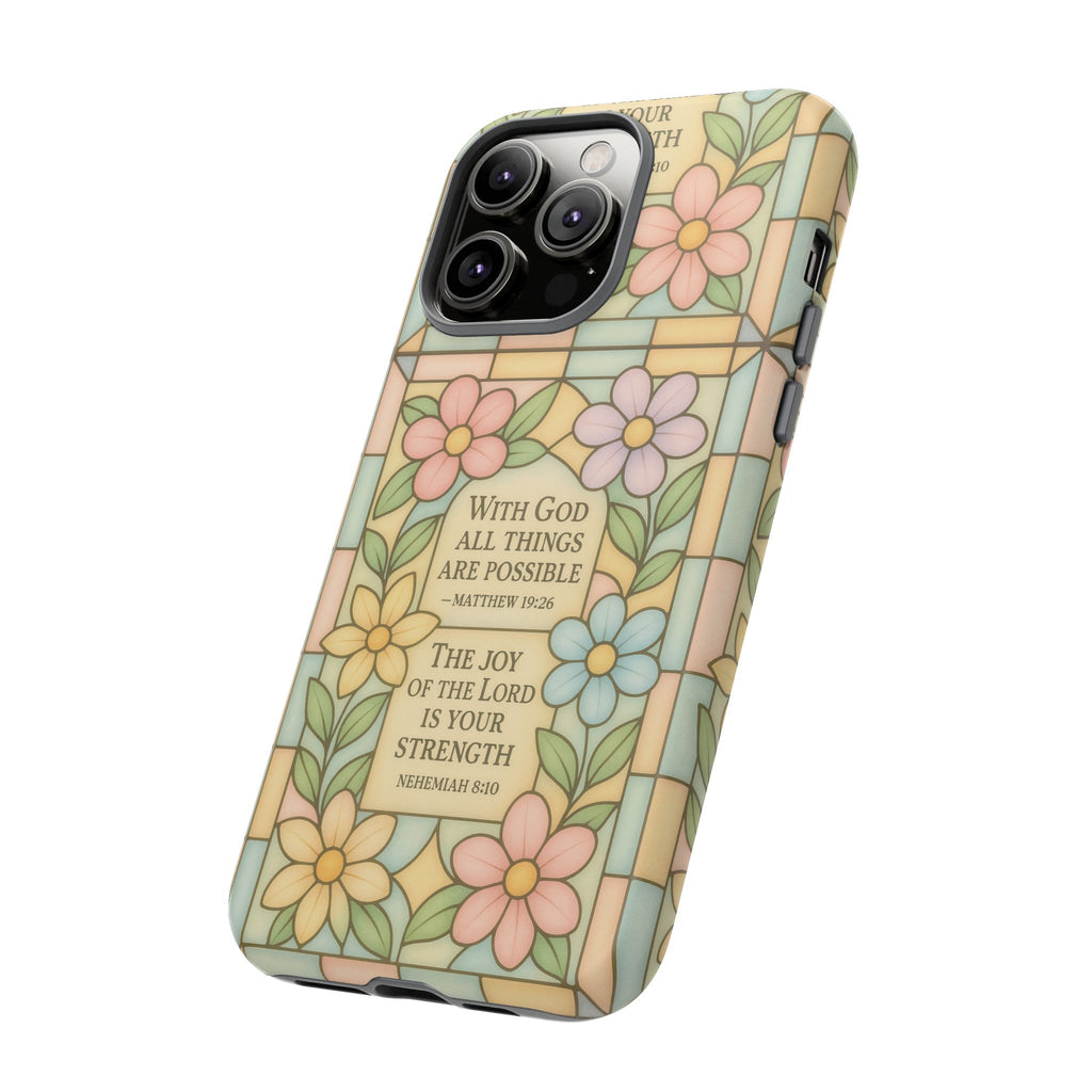 Pastel Stained Glass Bible Verse Phone Case Christian Affirmation Cover, Soft Geometric Design, iPhone Samsung Google, Faith Gift for Her Bible Verse or Affirmation | Protective, Inspirational Gift for Christians