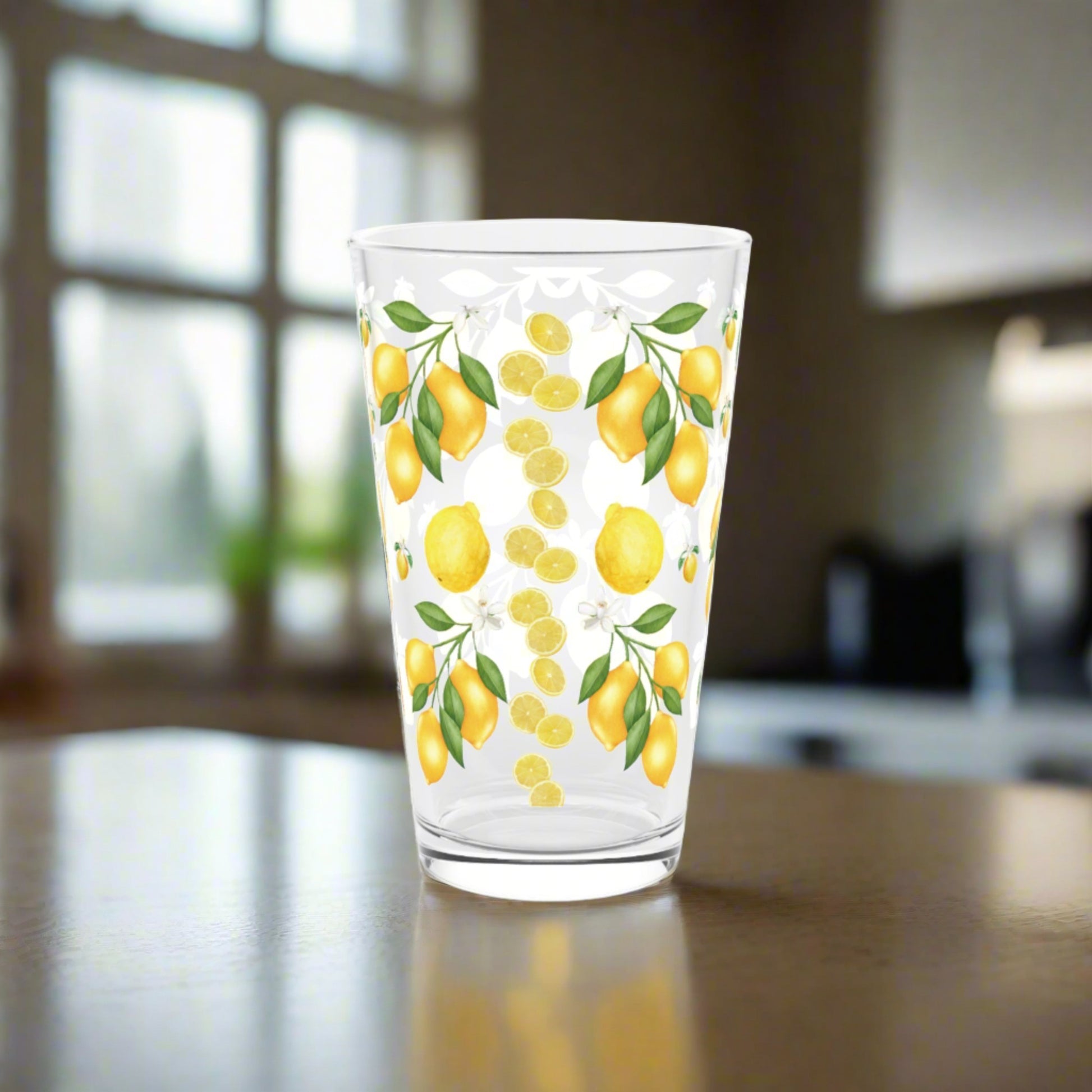 Lemon Bliss: 16oz Pint Glass with Small White Flowers Perfect for Refreshing Your Drinkware Collection with a Touch of Citrus Elegance Durable, High-Quality Glassware Perfect for Parties - MRSBYVALLE