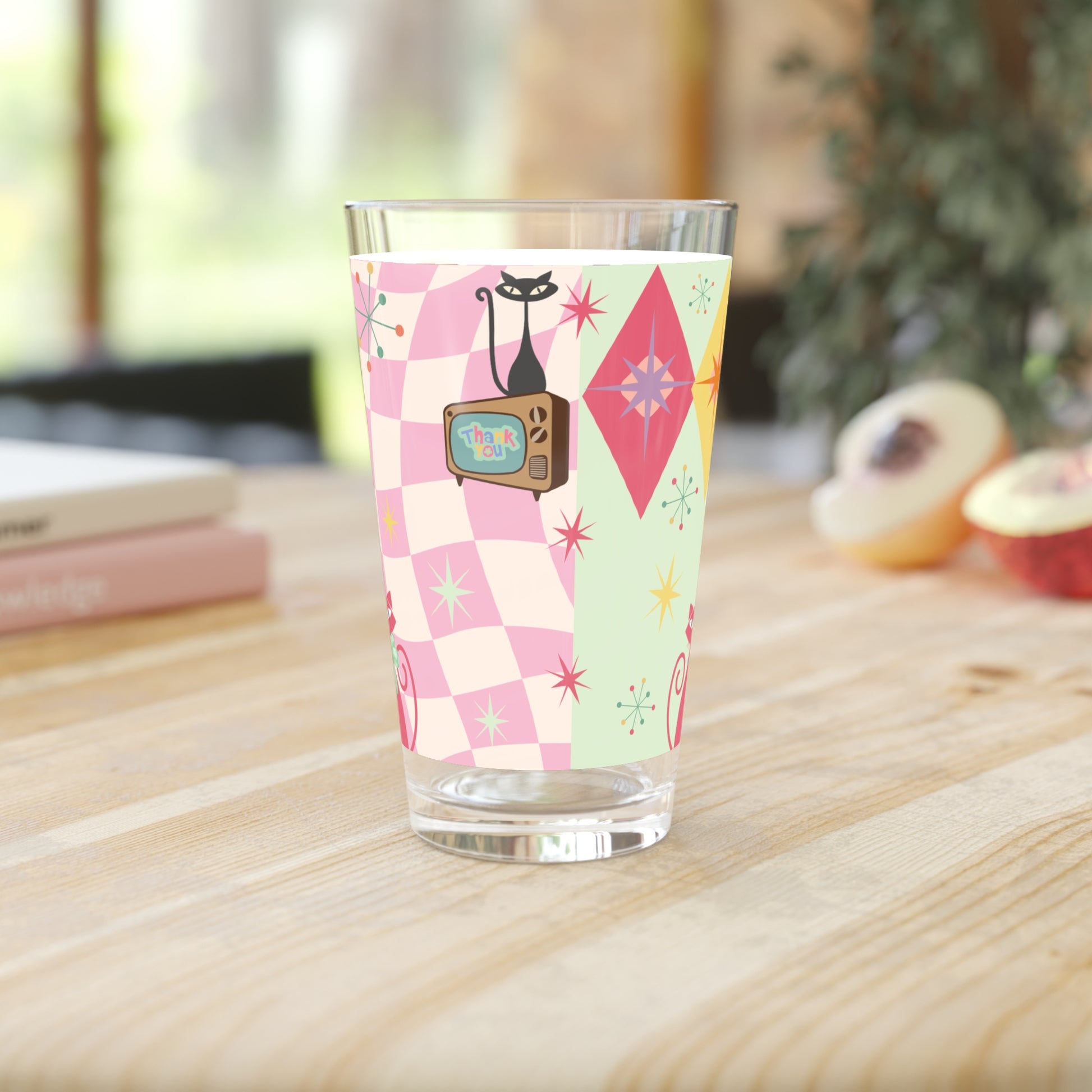 Pink and Mint Atomic Cat 16oz Pint Glass Mid-Century Modern Retro Style for Cocktails, Mocktails, Beer, and Water Perfect for Every Occasion Mother's Day Party Drinkware, Housewarming Perfect Gift Party Drinkware, Cocktail, Wedding Perfect for Parties - MRSBYVALLE