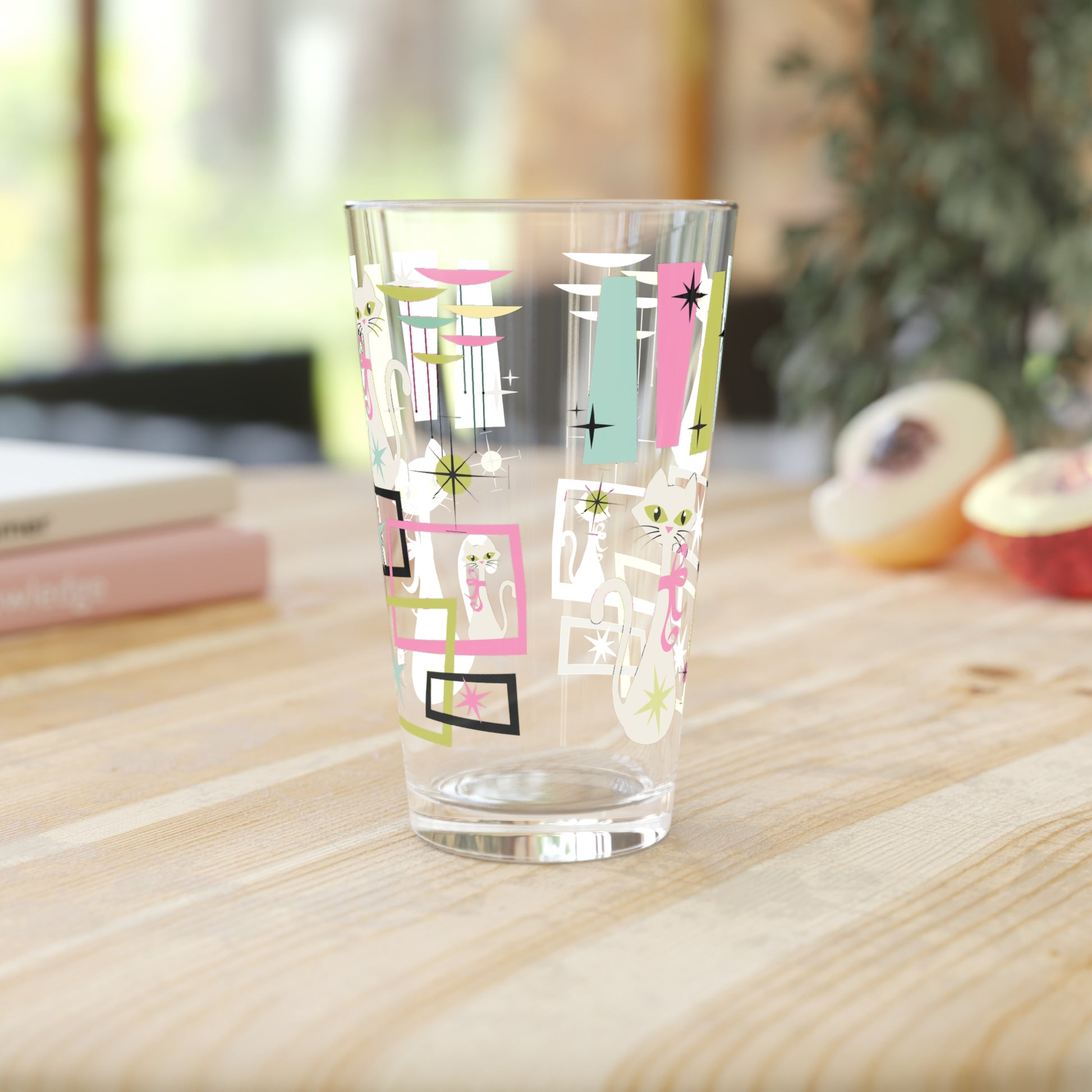 Mid-Century Modern 16oz Pint Glass – Pastel Atomic Kitty Cats, Retro 50s Vintage-Inspired Drinkware for Cocktails or Everyday Use! Handwash Only