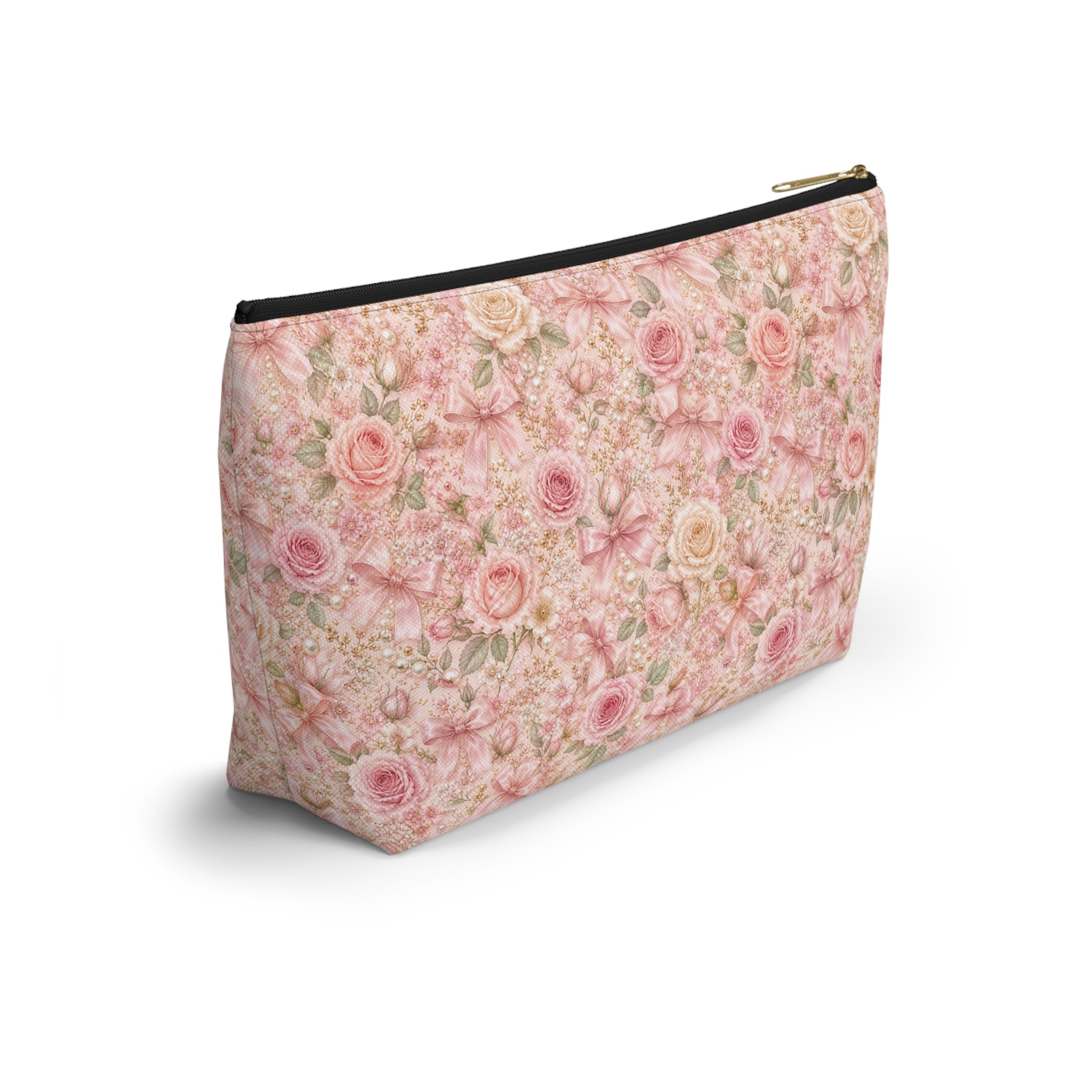Trousse de Maquillage Nœud en Satin et Rose Poudré, Pochette Cosmétique Fleurie Coquette de Luxe, Organisateur de Voyage Élégant