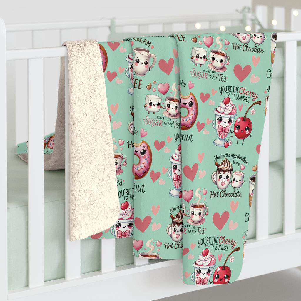 Sherpa Fleece Blanket Snuggle Up with Kawaii Charm Featuring Cute Coffee Donuts – 'You're My Cream to My Coffee' Perfect for Cozy Moments & Gift Giving