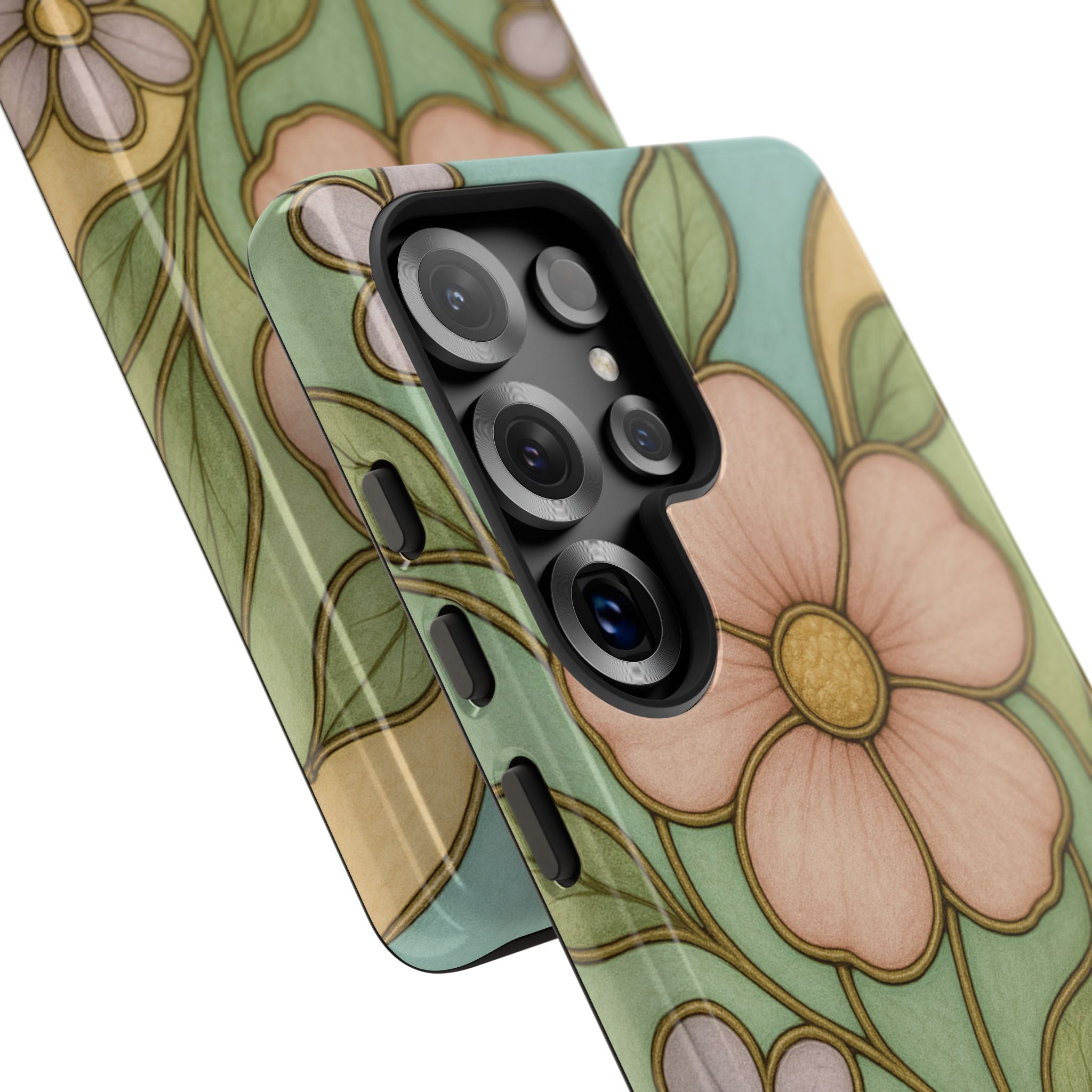 Pastel Pink, Yellow Stain Glass Illusion Floral Phone Case  Romantic Cottagecore Aesthetic, Soft Botanical Design, Protective Gift for Her, Fits iPhone & Samsung Models