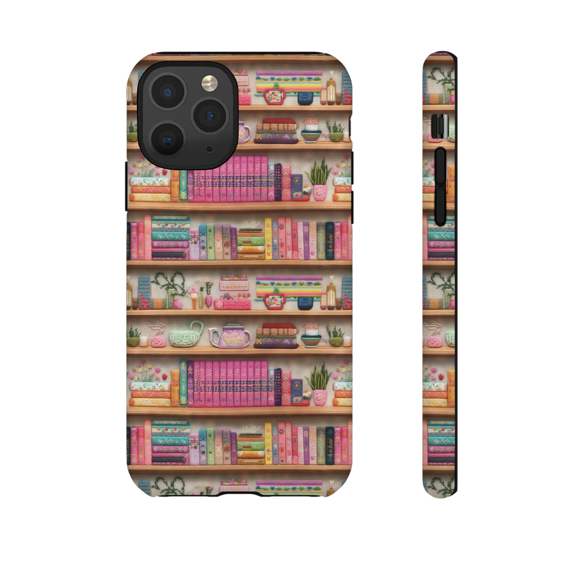 Phone Case 3D Illusion Books & Shelf Embroidery Design with Vibrant Colors Gift for Her Phone 15, Samsung iPhone Samsung Gift for Her Case iPhone 15, Samsung iPhone Samsung Accessory Gift for Her.