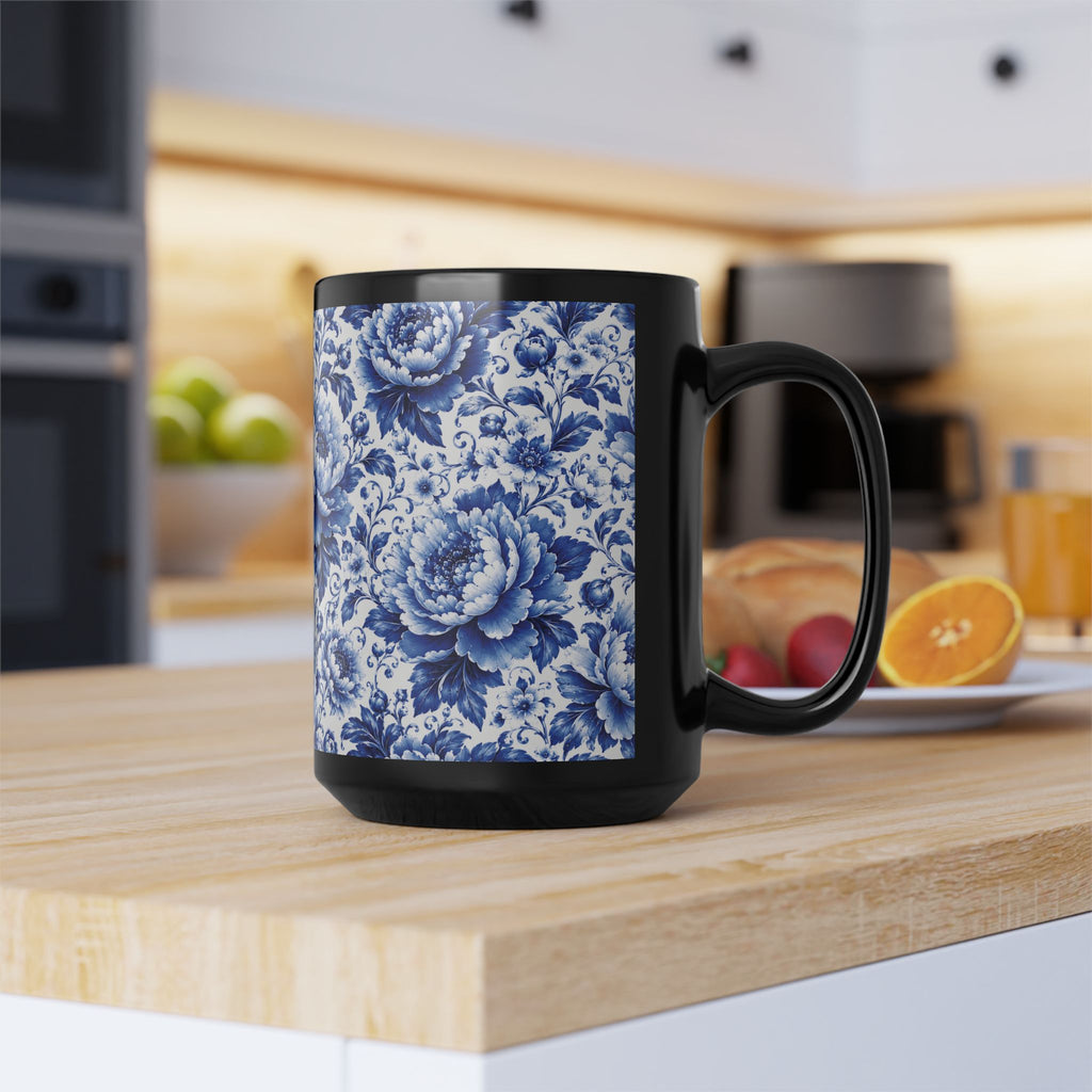 Blue Floral Porcelain Pattern Mug Elegant Black Ceramic Coffee Cup (11oz/15oz) Blue & White Chinoiserie Tea Cup