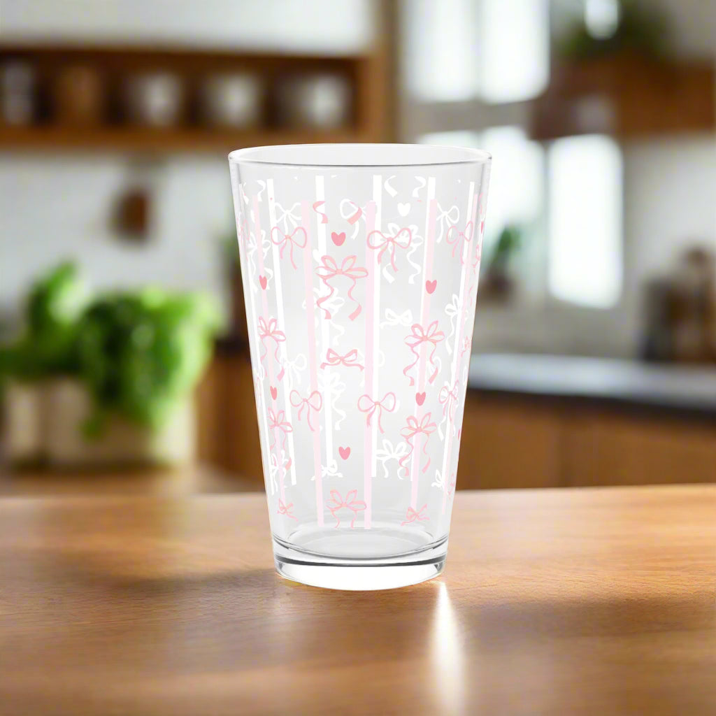 Pint Glass, Pink Bows & Ribbons, Cute Aesthetic Drinkware, Girly Gift, Elegant Glassware, Feminine Decor, Stylish Beverage Glass, Handwash Only 16 oz