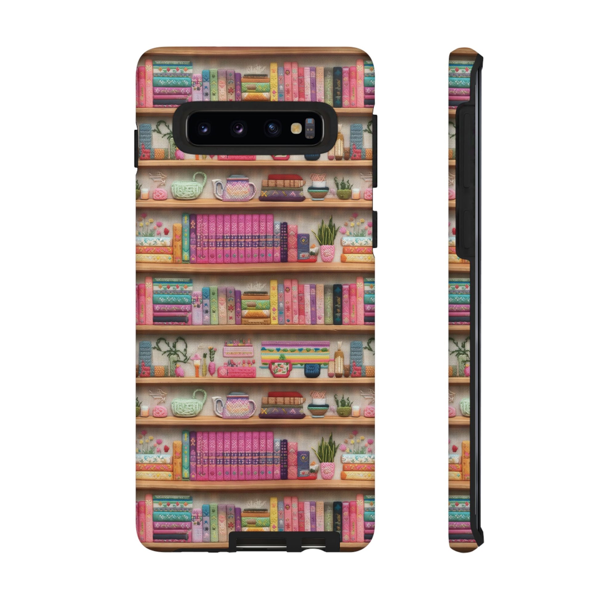 Whimsical 3D Embroidery Illusion Books on Pastel Shelves Phone Case for iPhone, Samsung & Pixel: Unique Accessory for Literary Enthusiasts Gift for Her Perfect for Floral Lover