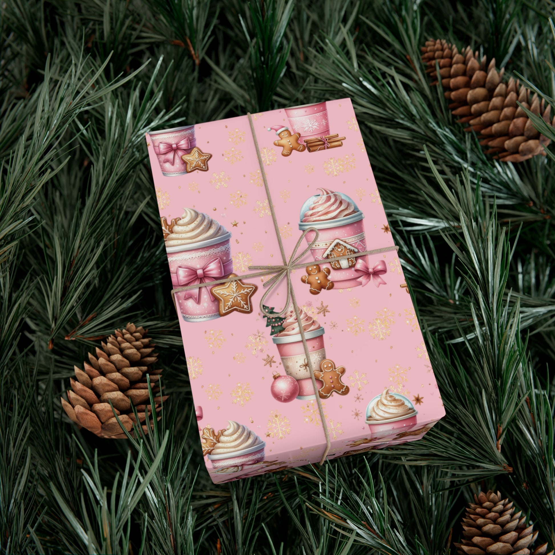 Whimsical Pink Gingerbread People with Coffee Delights Wrapping Paper Festive, Playful, and Perfect for Adding a Sweet Touch to Your Holiday Gifts Moms - MRSBYVALLE