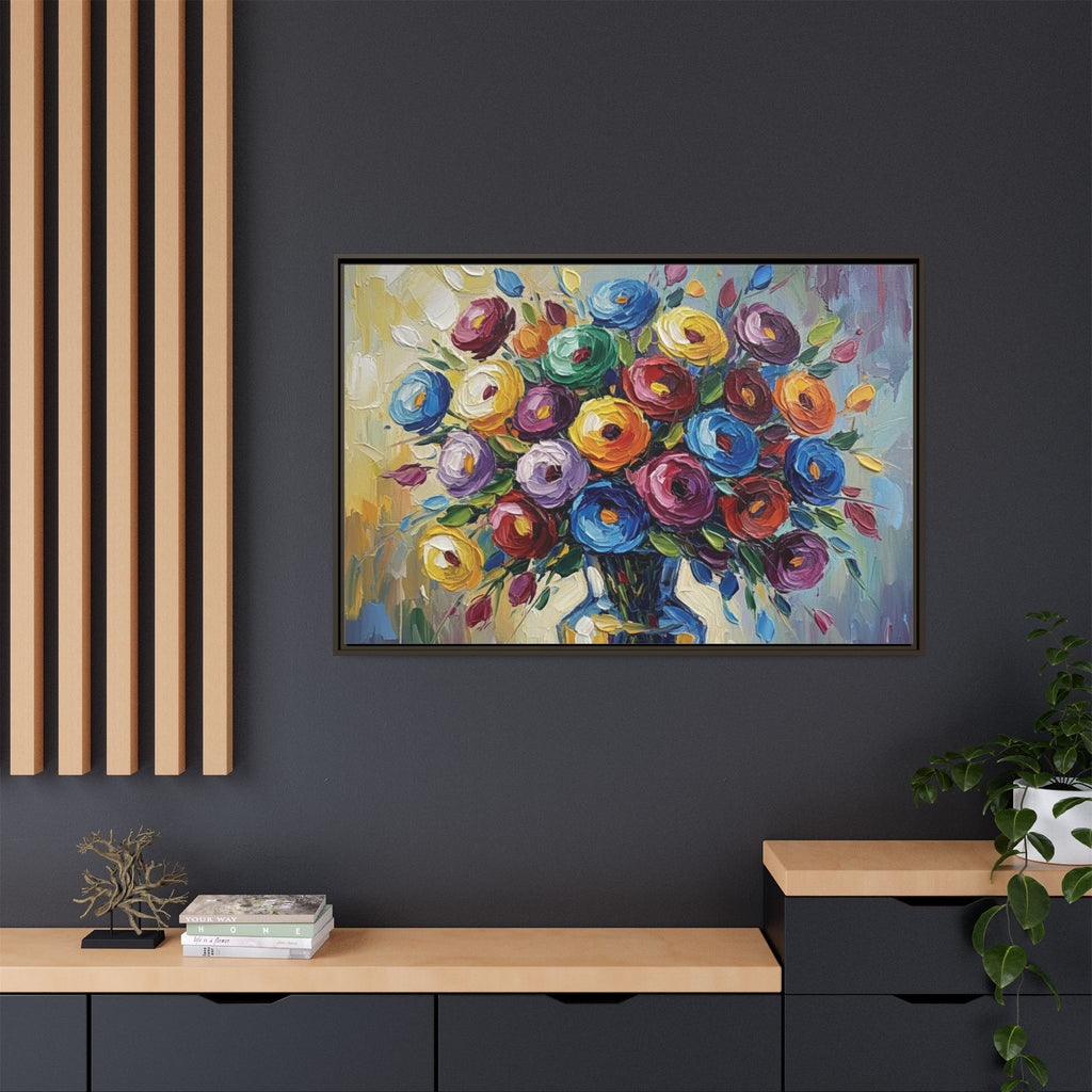Impression sur toile bouquet floral aquarelle - Tableau mural encadré mat - Illusion de peinture à l'huile vibrante