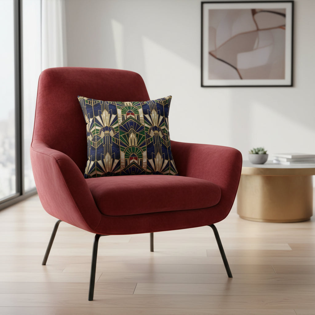 Decorative pillow with art deco design on a white background