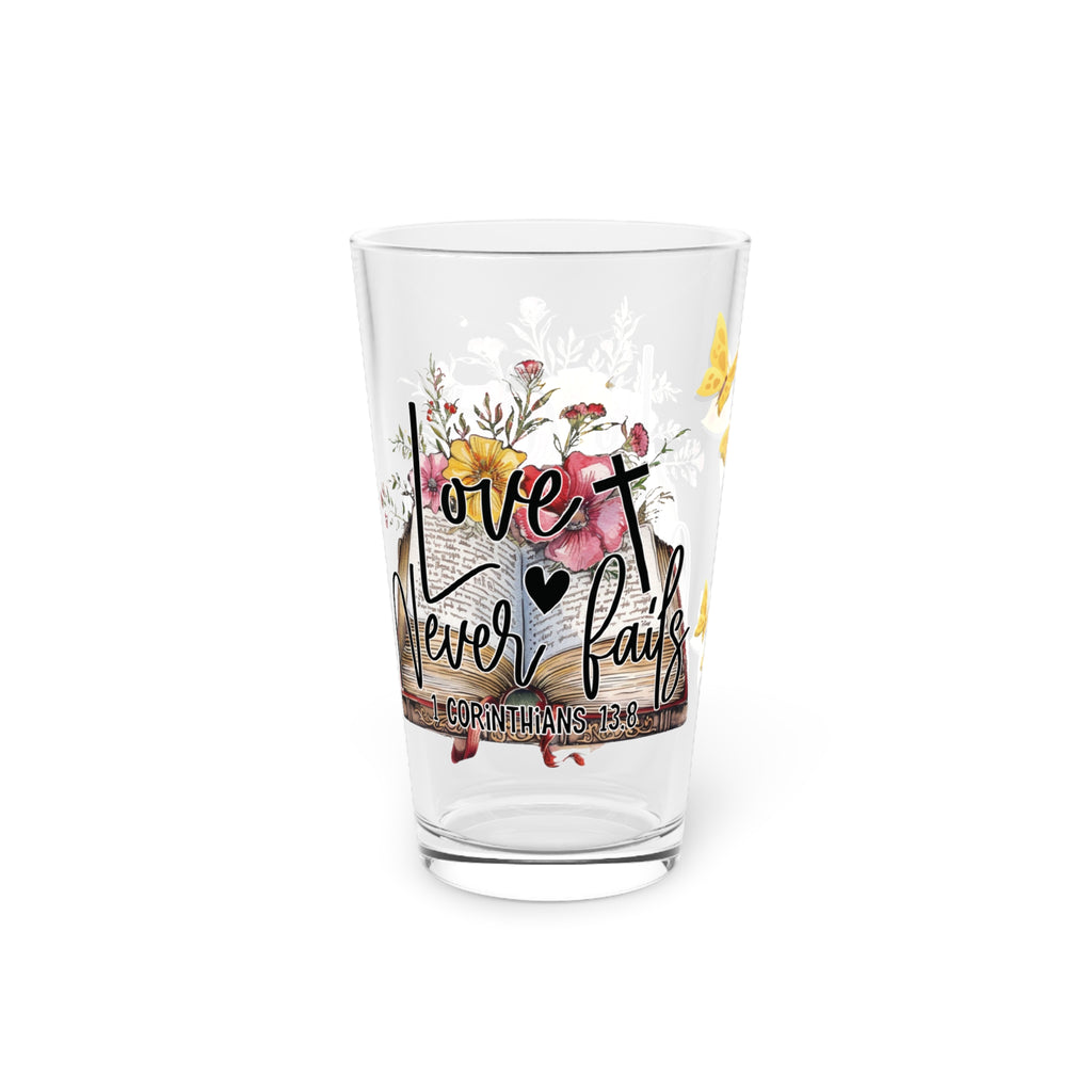 Love Never Fails 16oz Pint Glass – Christian Glassware for Faith & Inspiration | Perfect for Water, Juice & More – Unique Religious Gift Idea