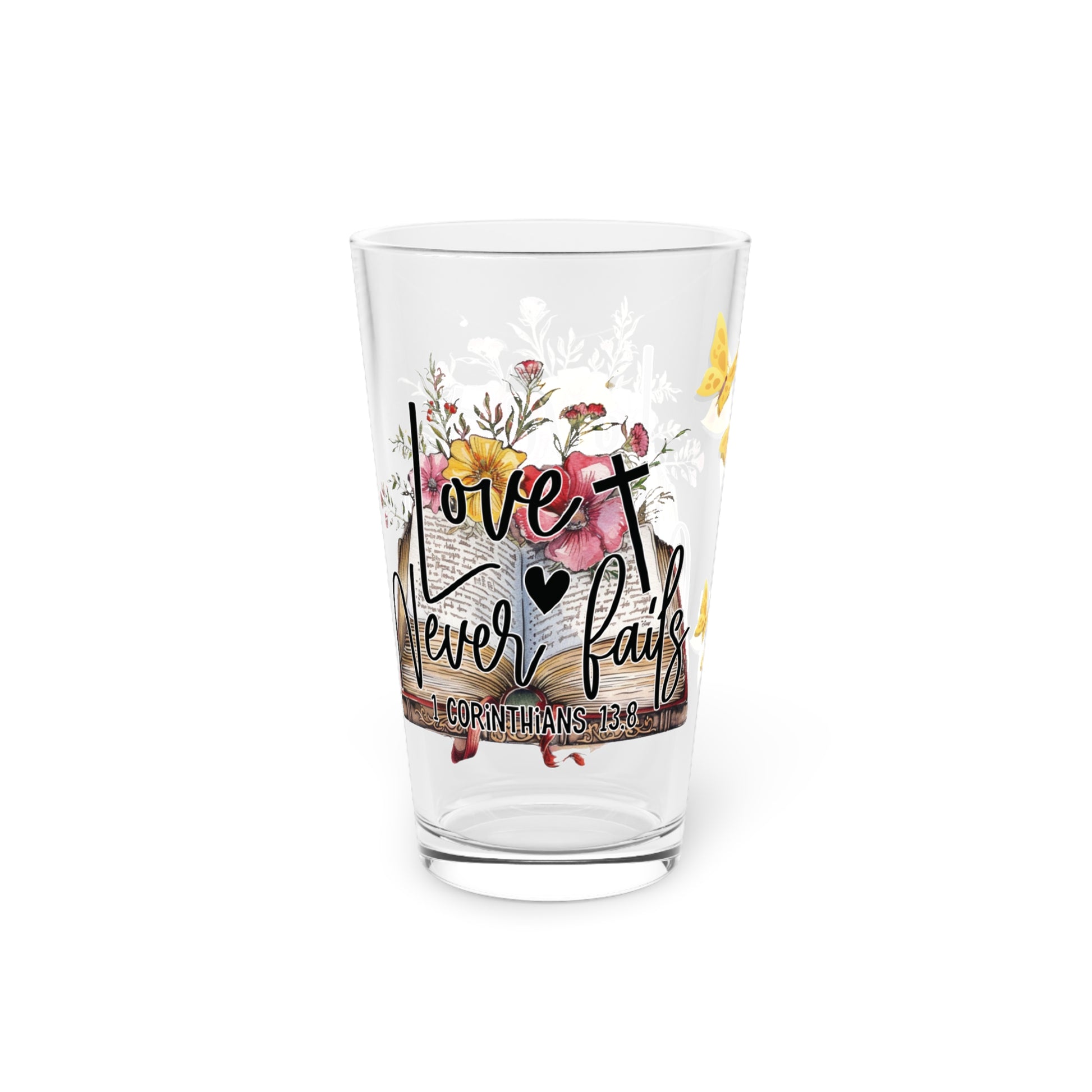 Love Never Fails 16oz Pint Glass – Christian Glassware for Faith & Inspiration | Perfect for Water, Juice & More – Unique Religious Gift Idea