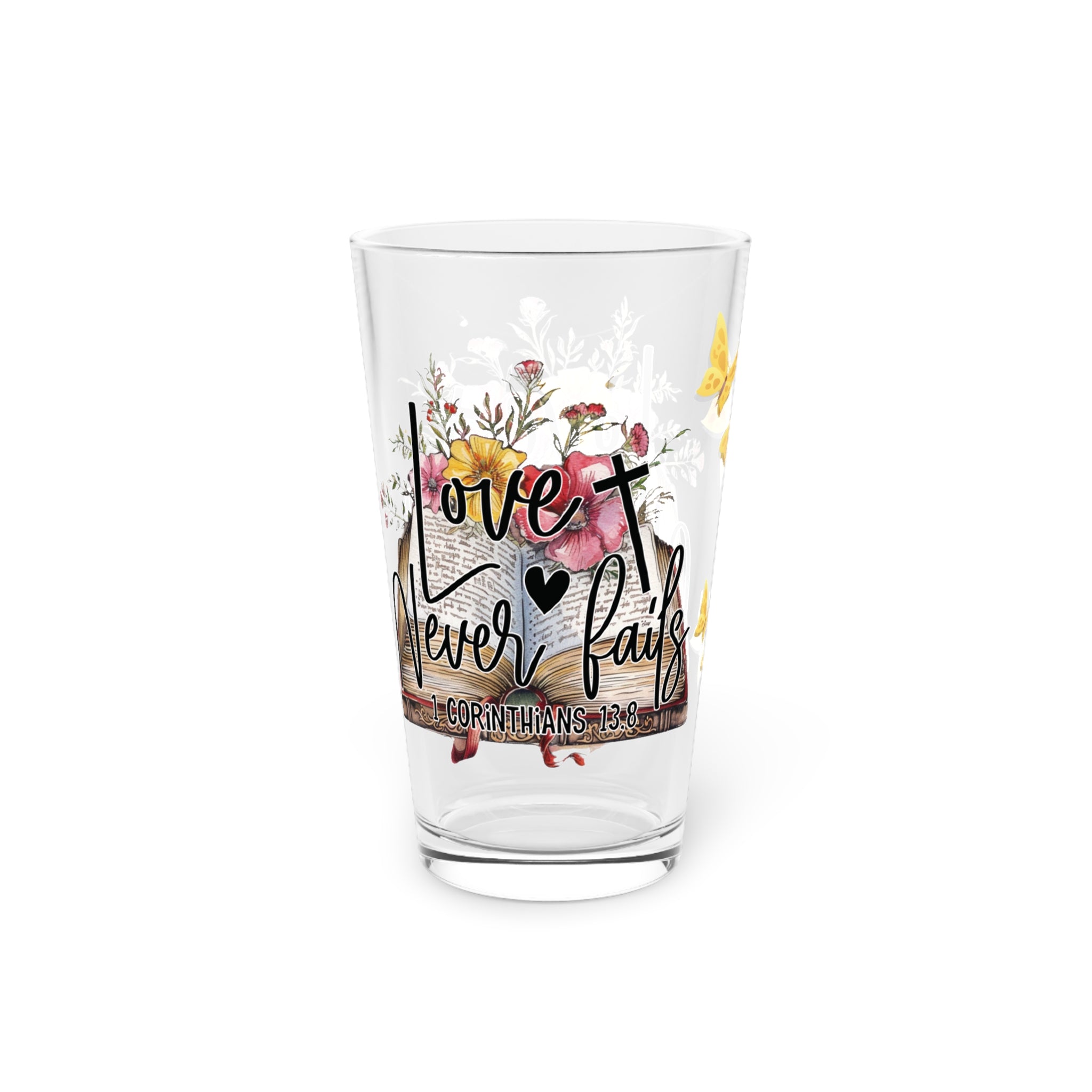 Love Never Fails 16oz Pint Glass – Christian Glassware for Faith & Inspiration | Perfect for Water, Juice & More – Unique Religious Gift Idea