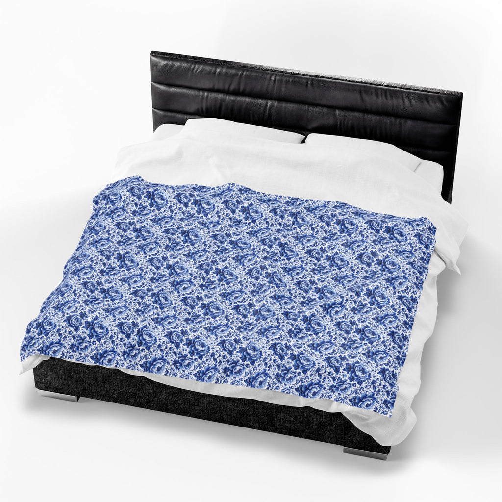 Blue Floral Velveteen Plush Blanket Soft Vintage Rose Throw Blue & White Chinoiserie Peony Elegant Floral Throw