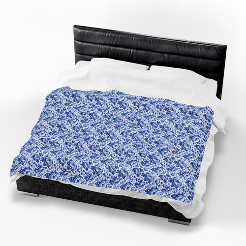 Blue Floral Velveteen Plush Blanket Soft Vintage Rose Throw Blue & White Chinoiserie Peony Elegant Floral Throw