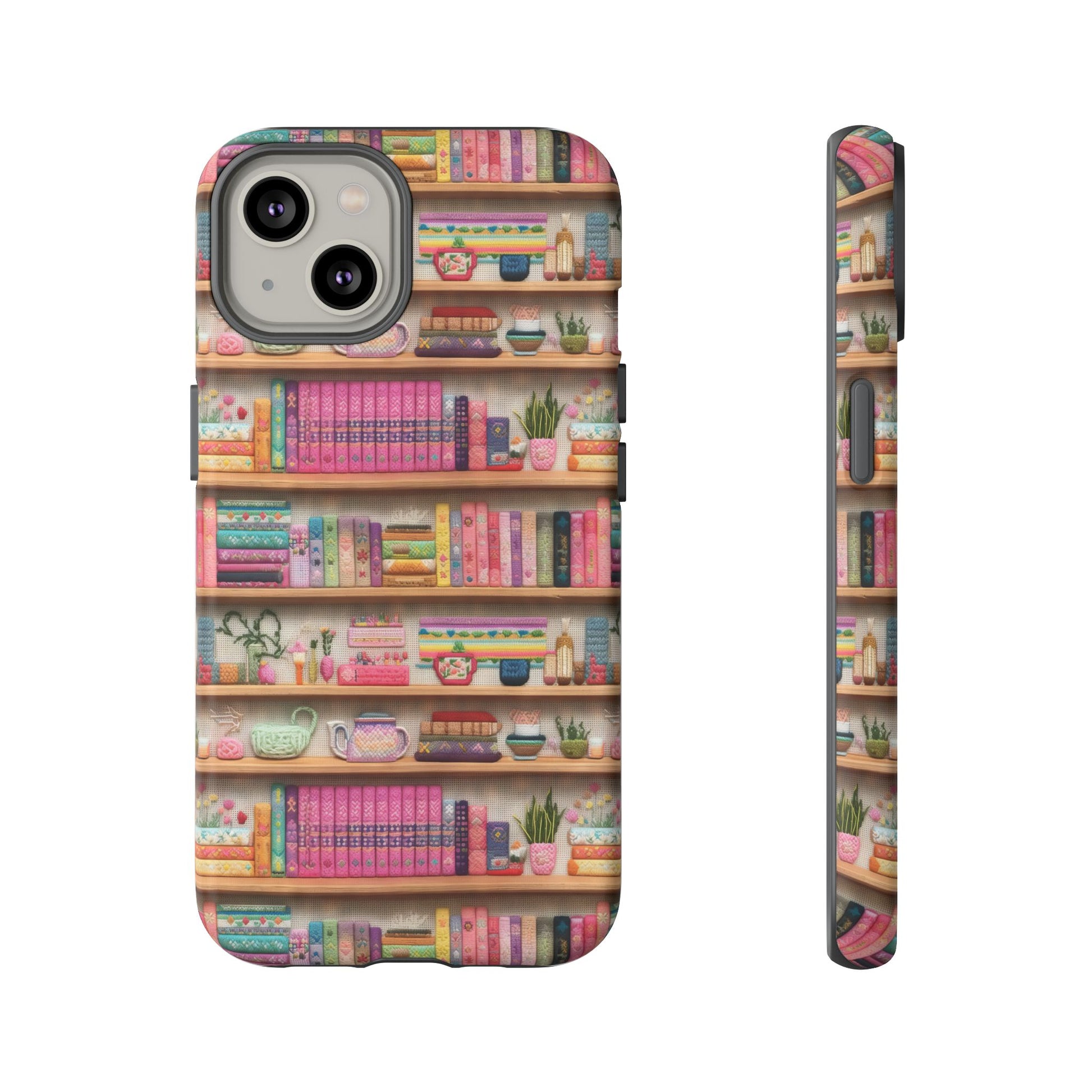 Whimsical 3D Embroidery Illusion Books on Pastel Shelves Phone Case for iPhone, Samsung & Pixel: Unique Accessory for Literary Enthusiasts Gift for Her Perfect for Floral Lover
