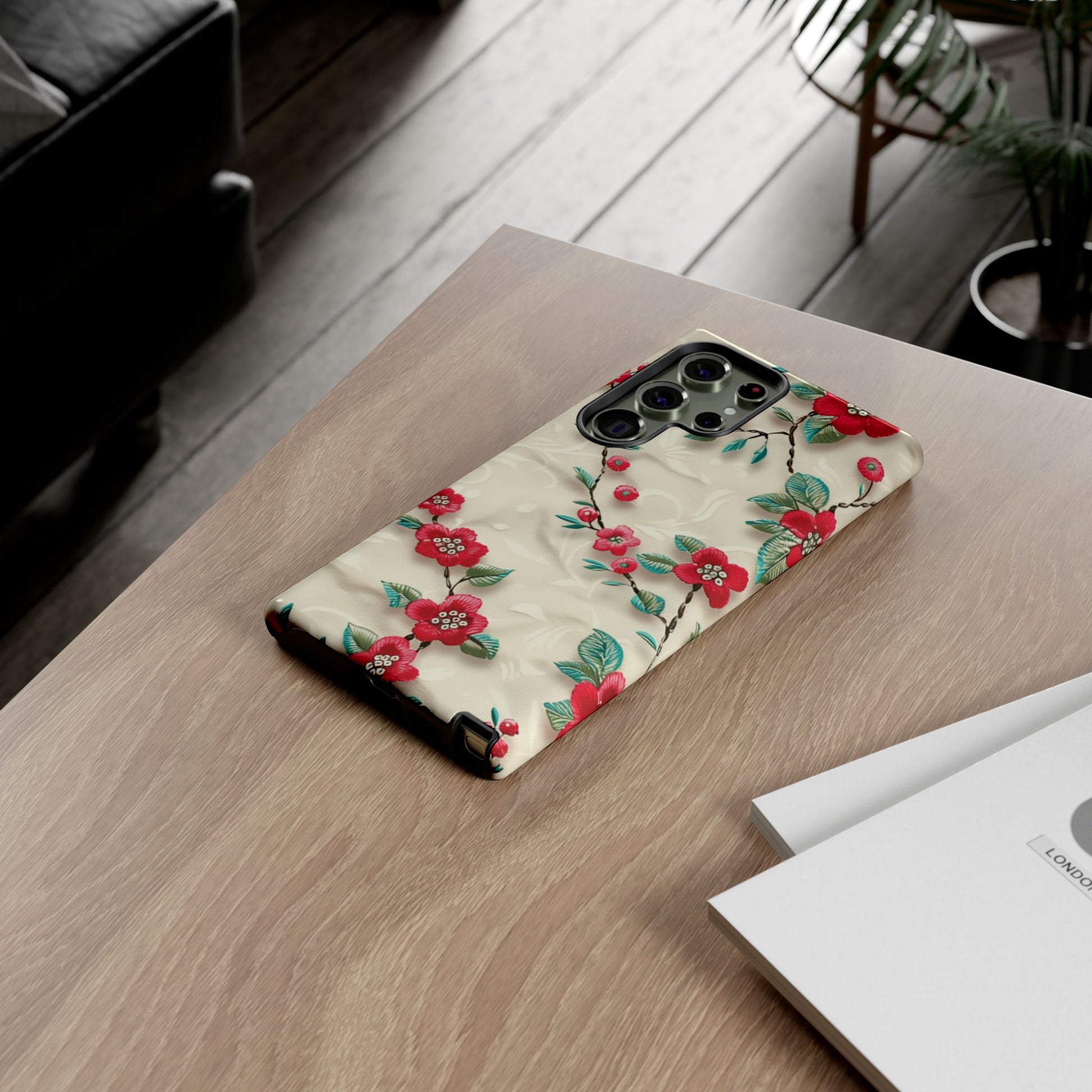 3D Embroidery Illusion Red Flowers Phone Case for iPhone, Samsung Pixel Artistic Floral Protection 15 14 13 12, 21 23 Gift for Her Perfect for Floral Lover