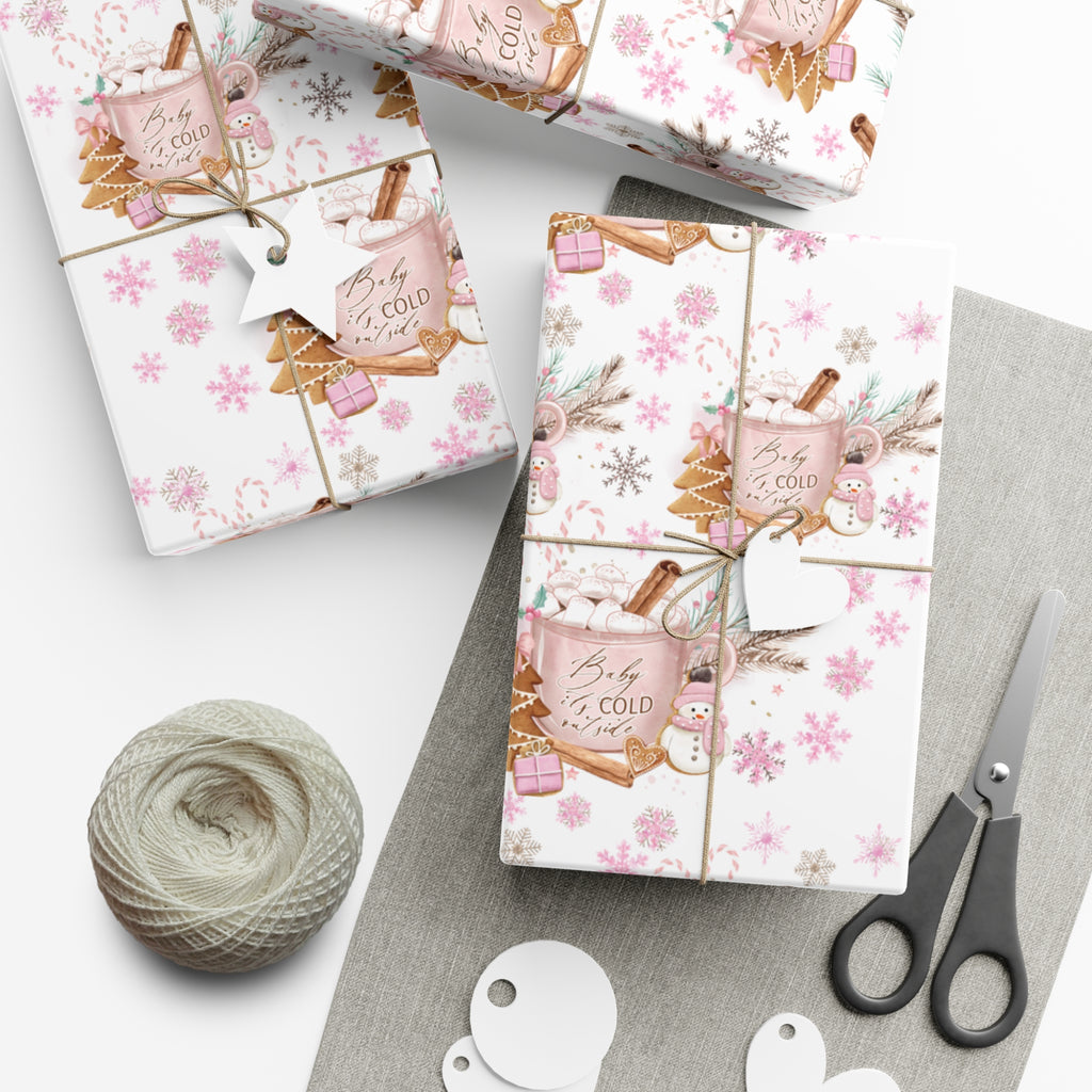 Baby it's Cold Outside Pink and White Wrapping Paper - Festive Holiday Design, Premium Quality, 100% Recyclable, Perfect for Christmas Gifts and Special Occasions - MRSBYVALLE