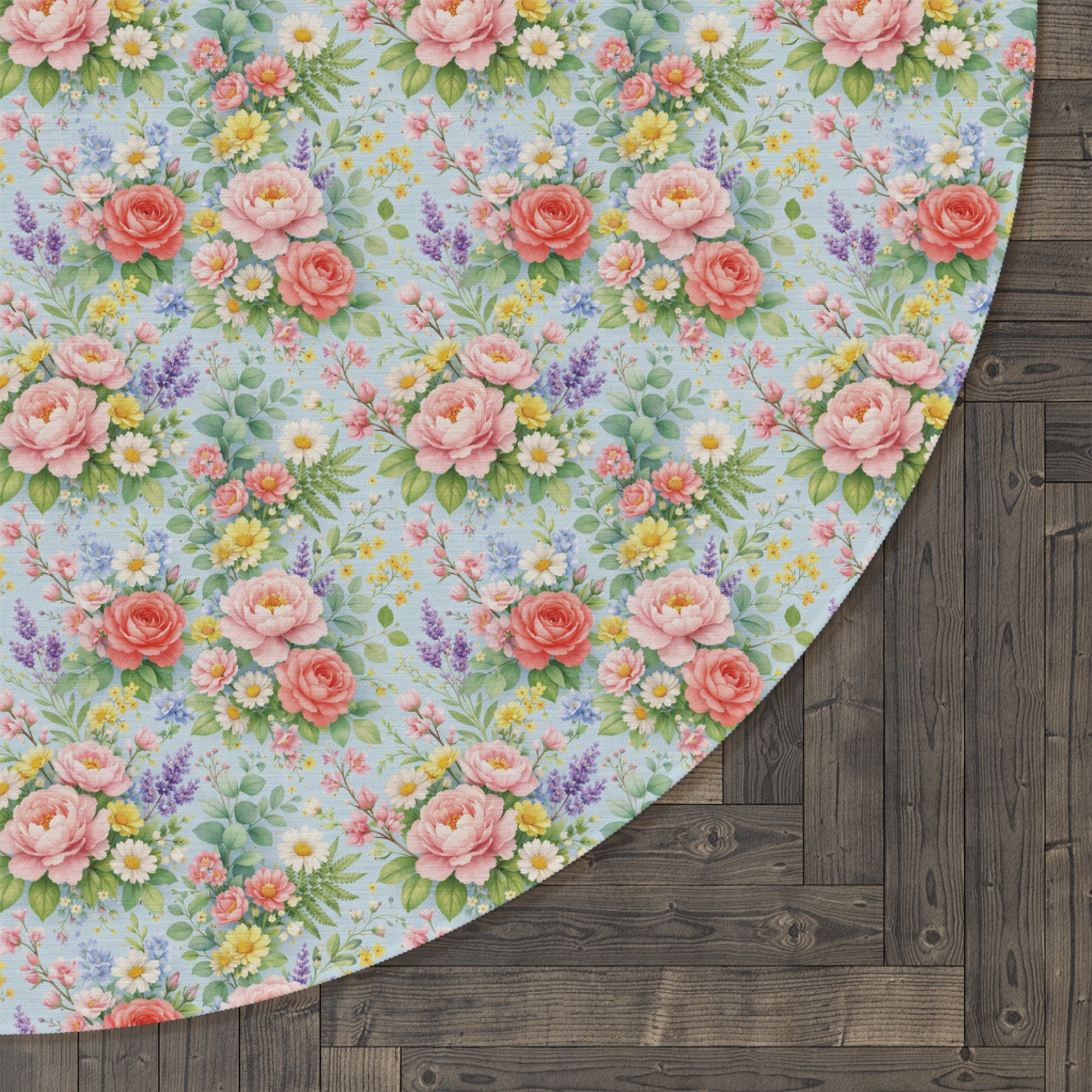 Icy Blue Watercolor Floral Round Rug — Soft Coastal Floral Accent Rug