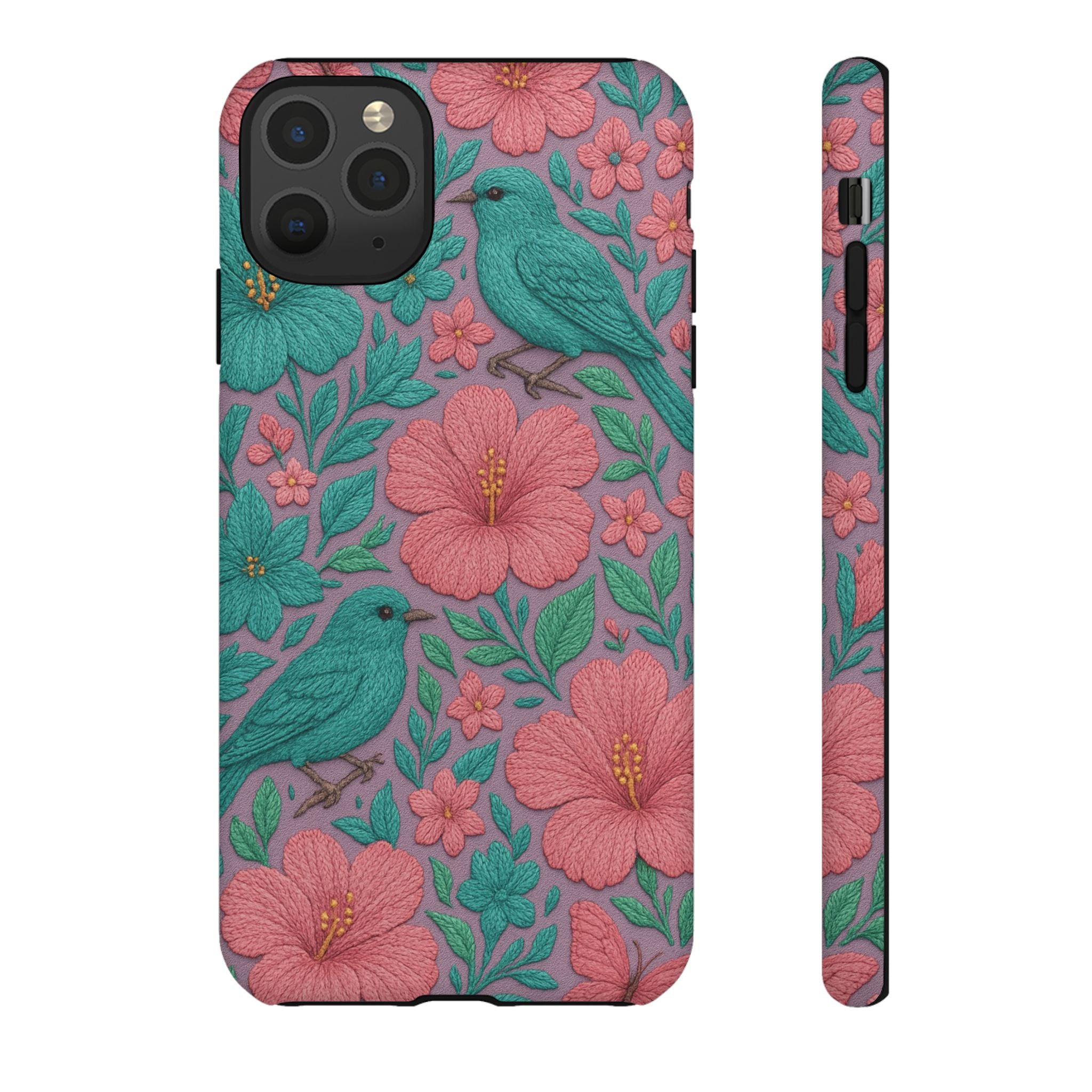 Turquoise, Pink and Lavender 3D Embroidery Illusion Phone Case Tropical Flowers, Birds & Butterflies Cover with Bold, Realistic Floral Texture iPhone, Samsung