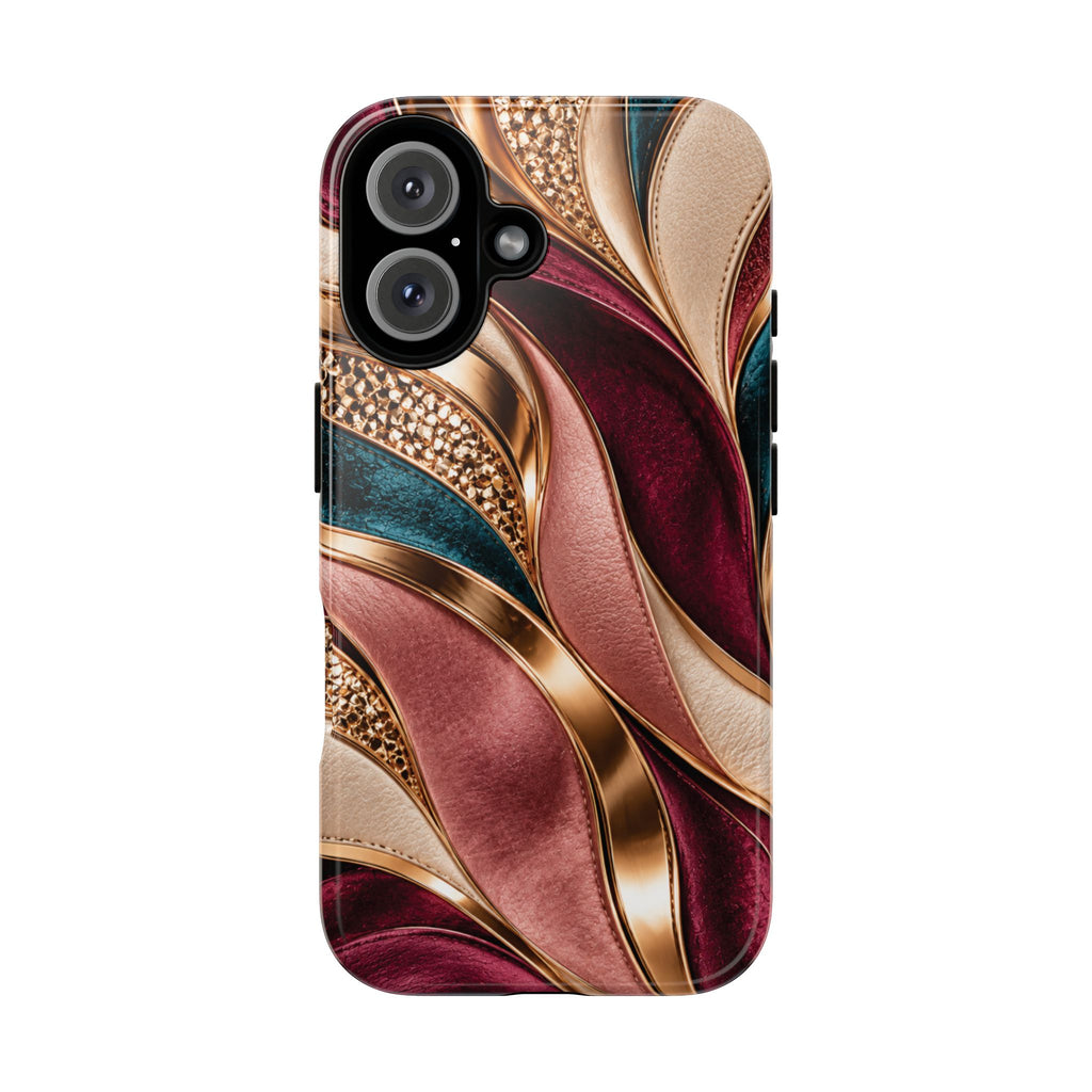 Lux Marble Waves Phone Case Metallic Burgundy, Teal Gold Protective Cover iPhone 18