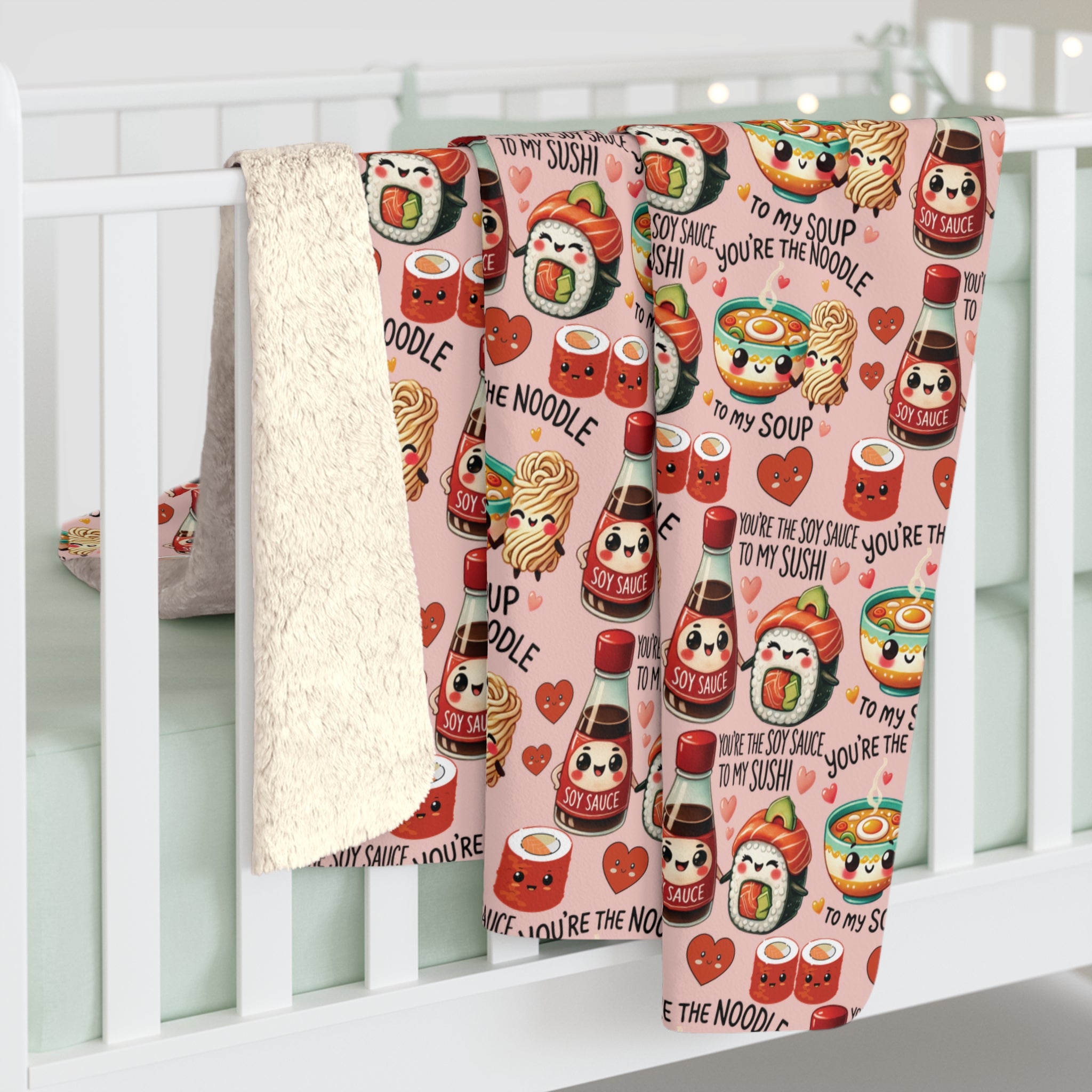 Couverture polaire Sherpa Douillette Couverture polaire Sherpa Kawaii avec motif adorable Sushi et Nouilles, parfaite pour se blottir, offrir en cadeau ou ajouter une touche mignonne à votre décoration intérieure.