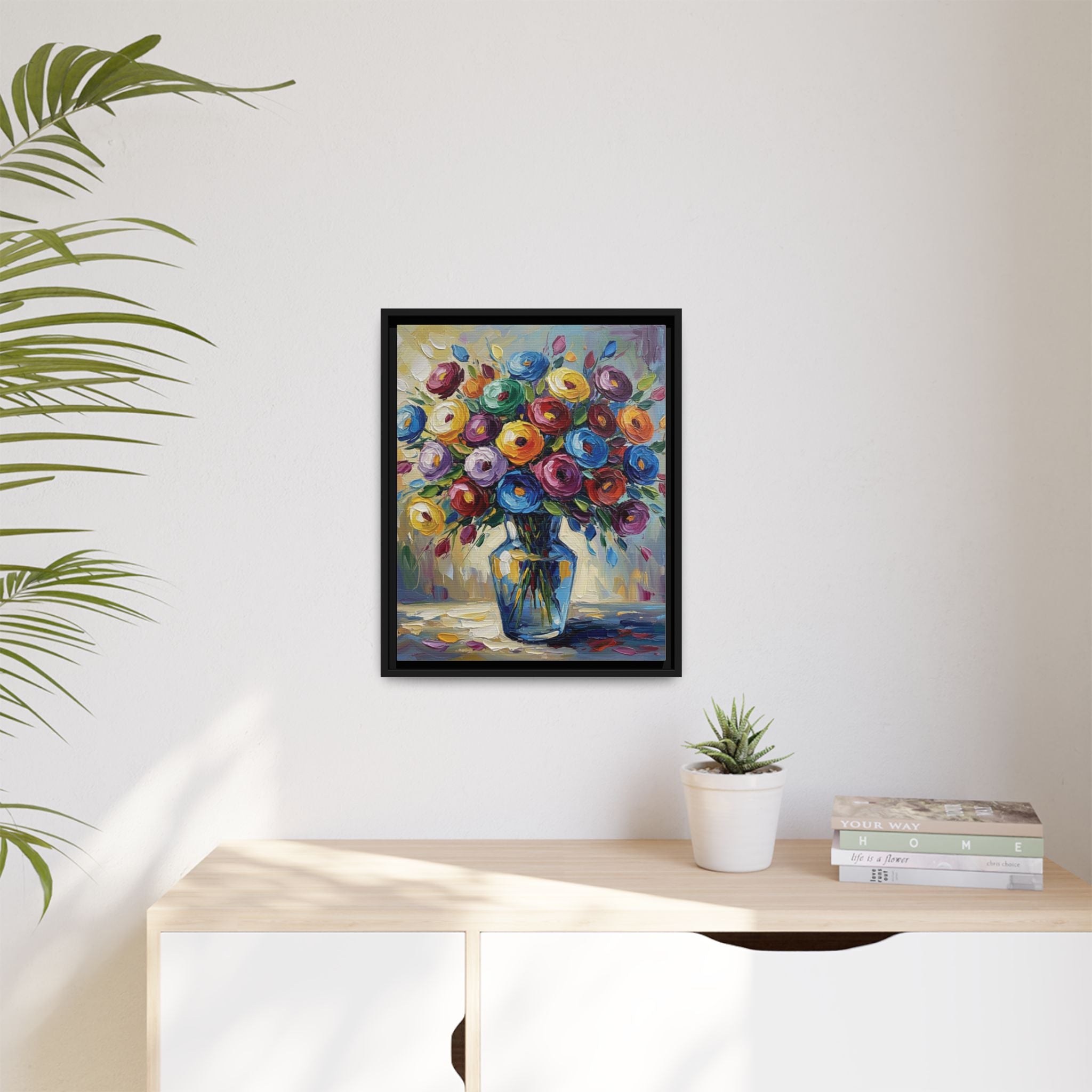 Impression sur toile bouquet floral aquarelle - Tableau mural encadré mat - Illusion de peinture à l'huile vibrante