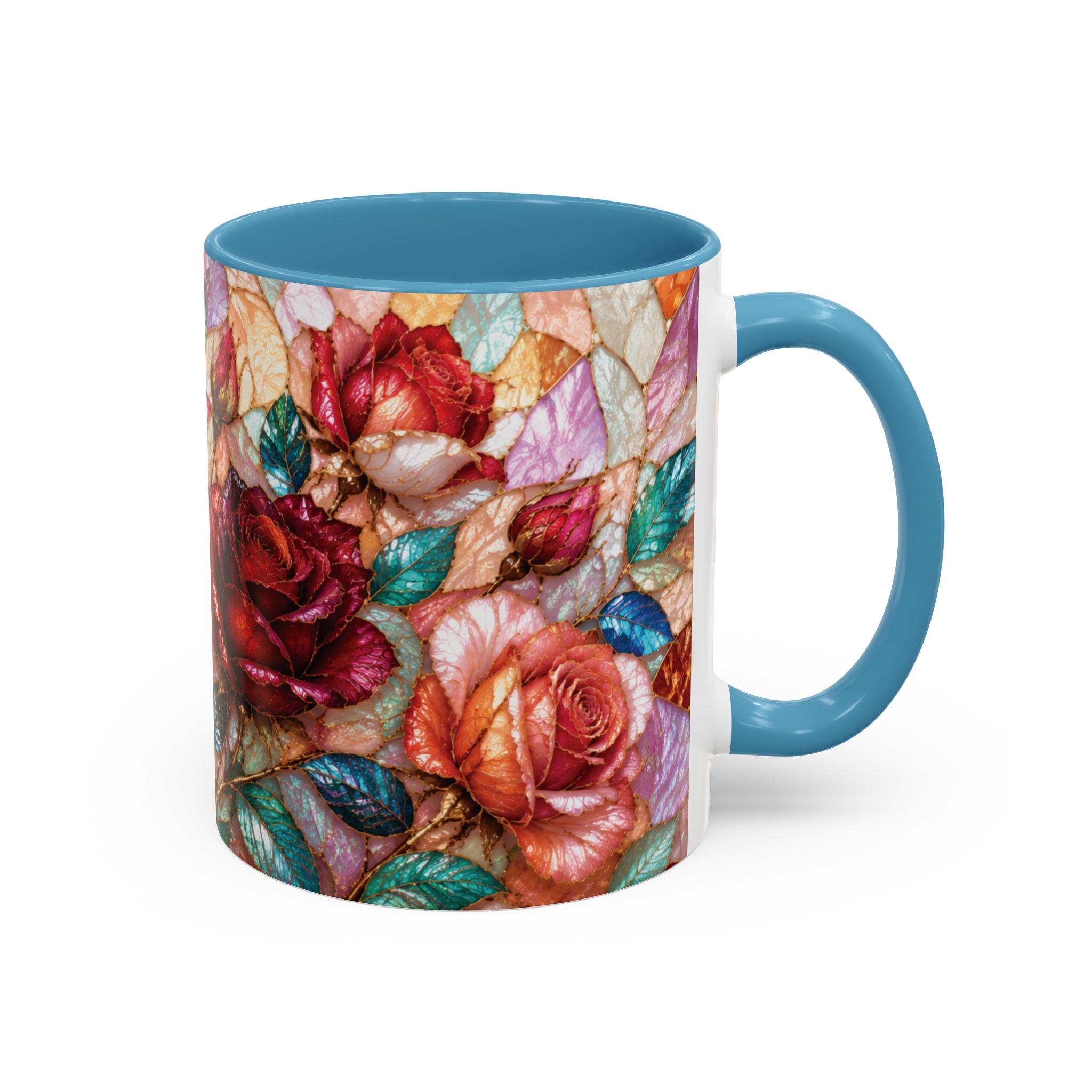 Floral Stained-Glass Accent Coffee Mug Colorful Rose Pattern (11/15 oz) Gift for Her