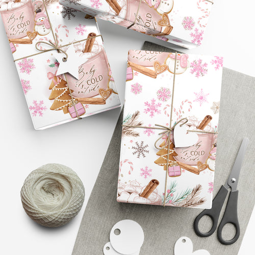 Baby it's Cold Outside Pink and White Wrapping Paper - Festive Holiday Design, Premium Quality, 100% Recyclable, Perfect for Christmas Gifts and Special Occasions - MRSBYVALLE