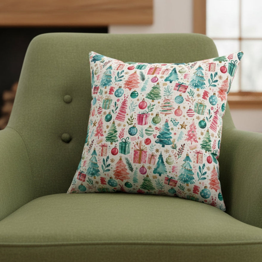 A square decorative throw pillow featuring a festive Christmas watercolor pattern with pine trees, ornaments, gifts, and stars on a cream background.