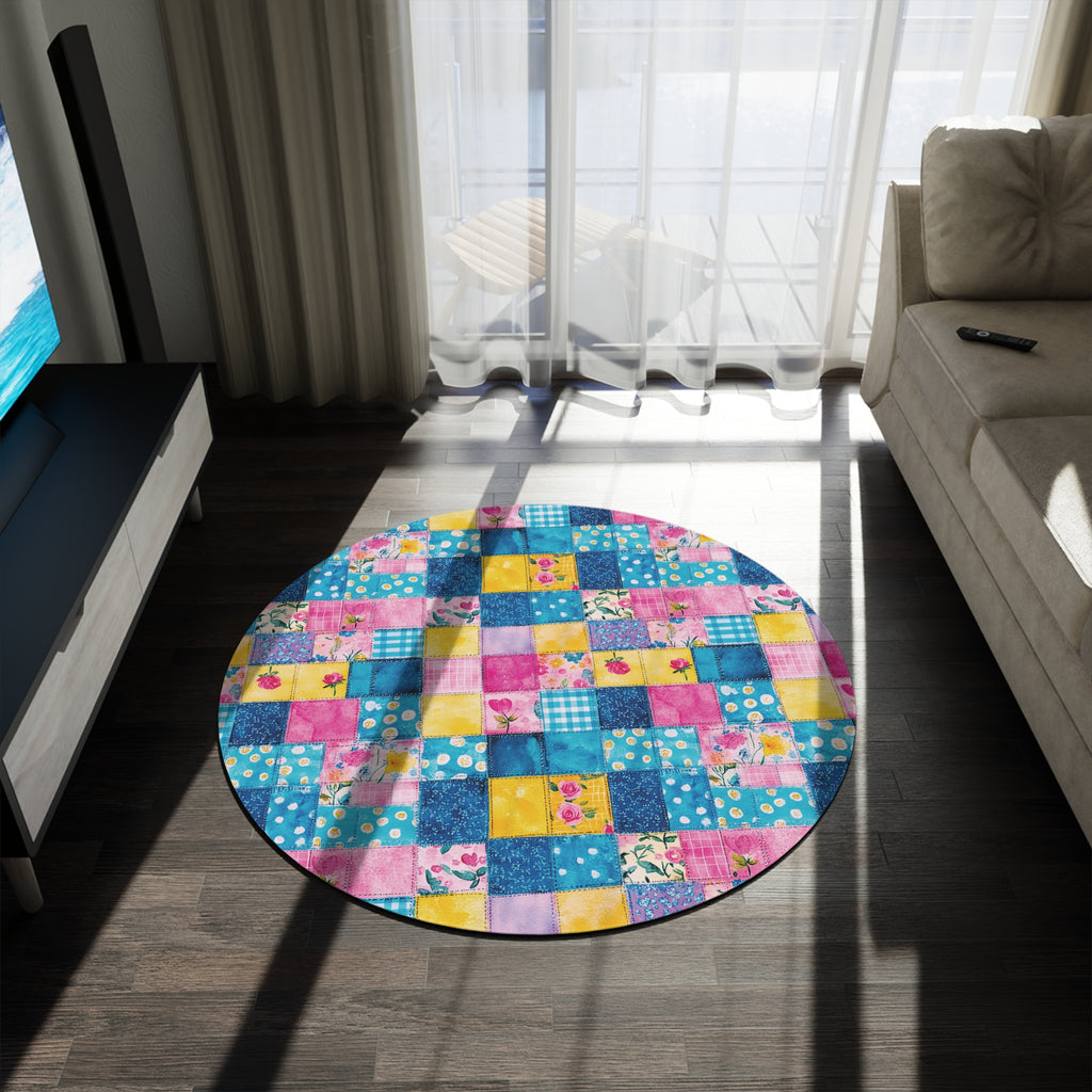Pastel Patchwork Illusion Round Rug — Soft Decorative Area Rug Office perfect for Craft Room