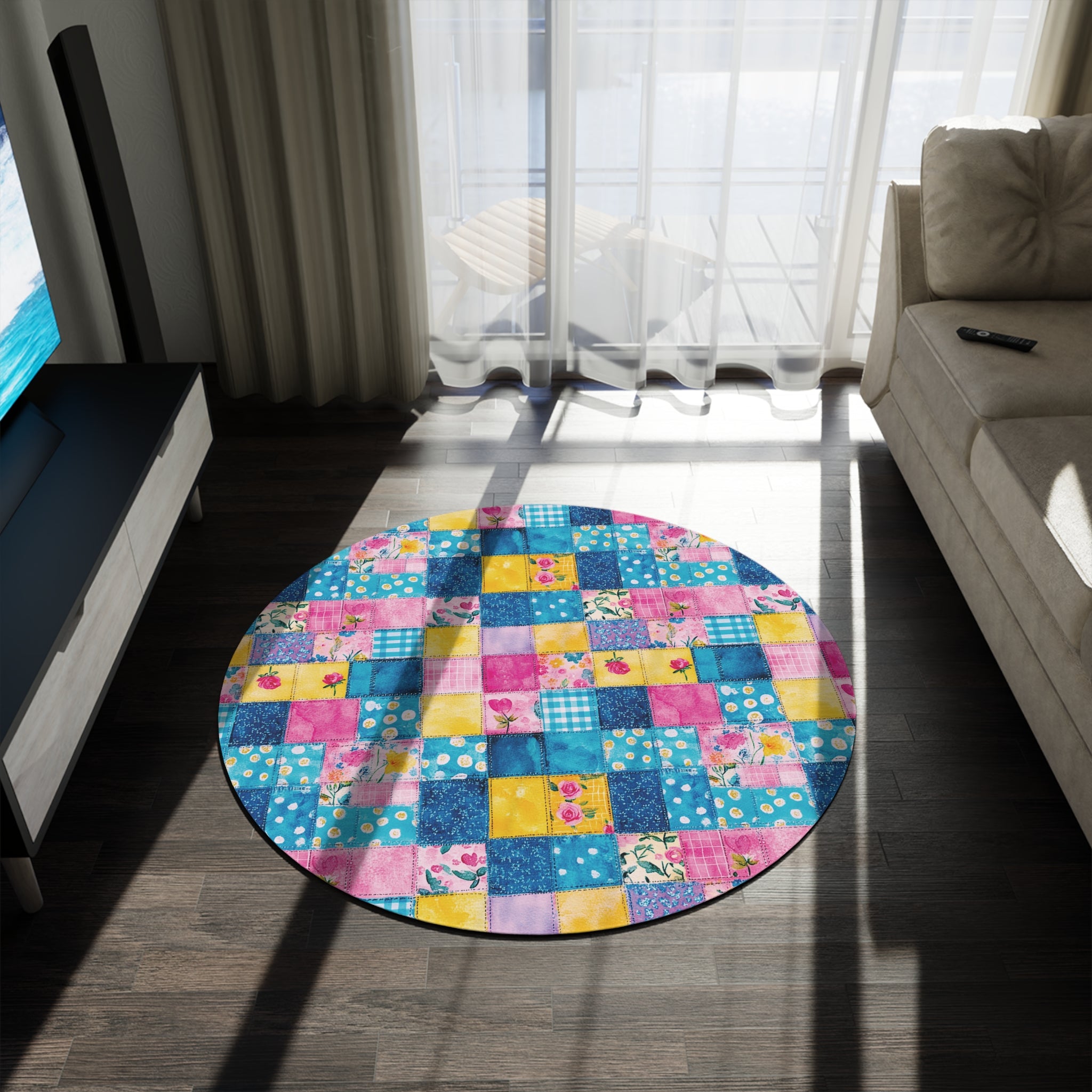 Pastel Patchwork Illusion Round Rug — Soft Decorative Area Rug Office perfect for Craft Room
