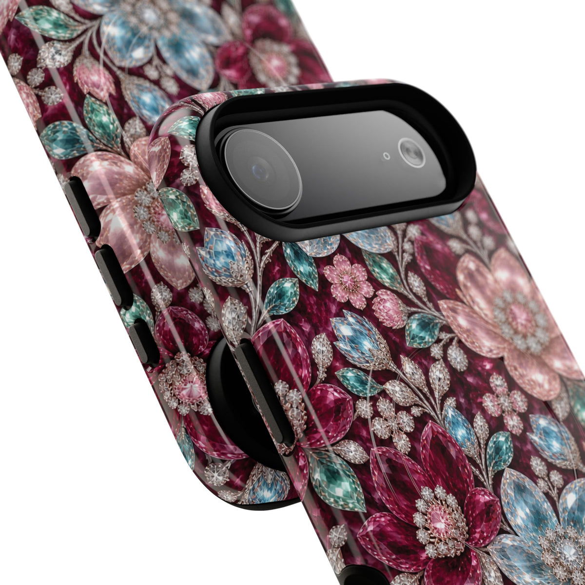 Floral faux Jewel Phone Case Sparkling Burgundy Flower Tough Magnetic Case 18 iPhone