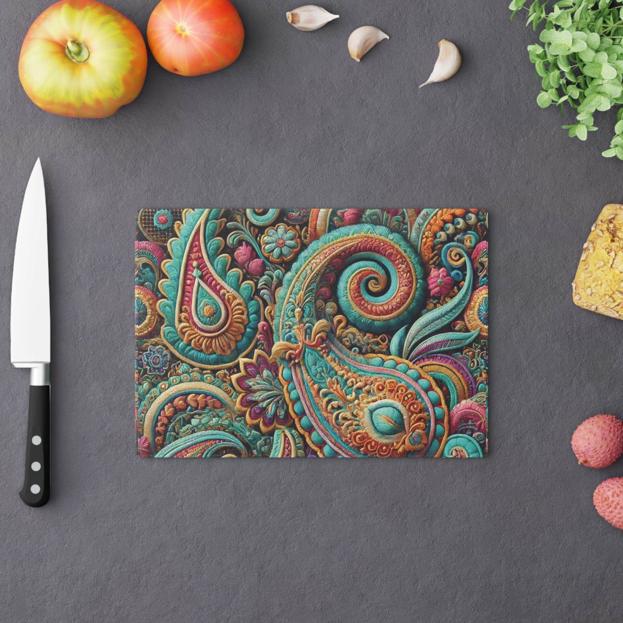 Planche à découper en verre trempé à motif floral bohème Paisley | Durable et résistante à la chaleur | Pieds antidérapants pour la stabilité | Surface résistante aux rayures | Décoration de cuisine élégante et cadeau