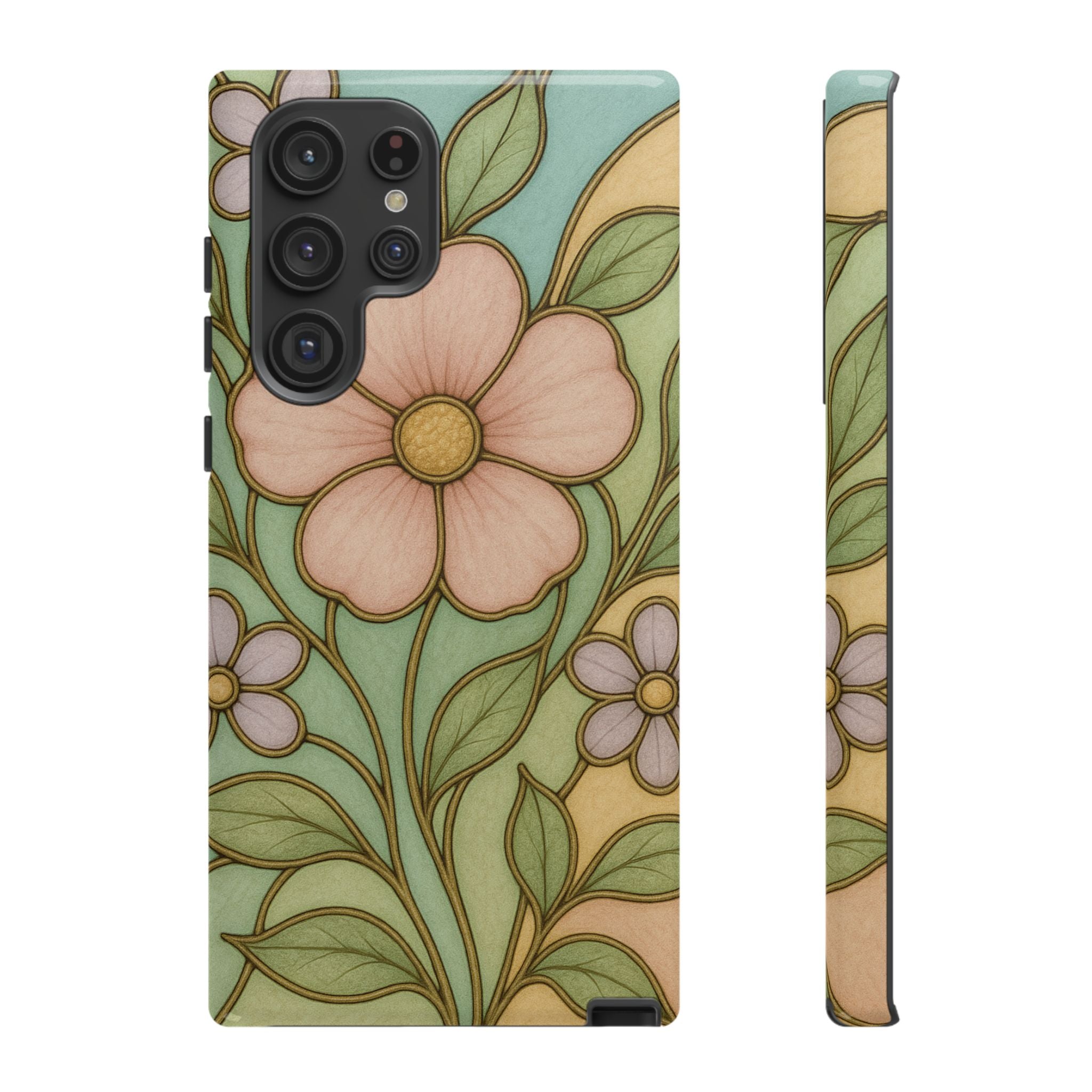 Pastel Pink, Yellow Stain Glass Illusion Floral Phone Case  Romantic Cottagecore Aesthetic, Soft Botanical Design, Protective Gift for Her, Fits iPhone & Samsung Models