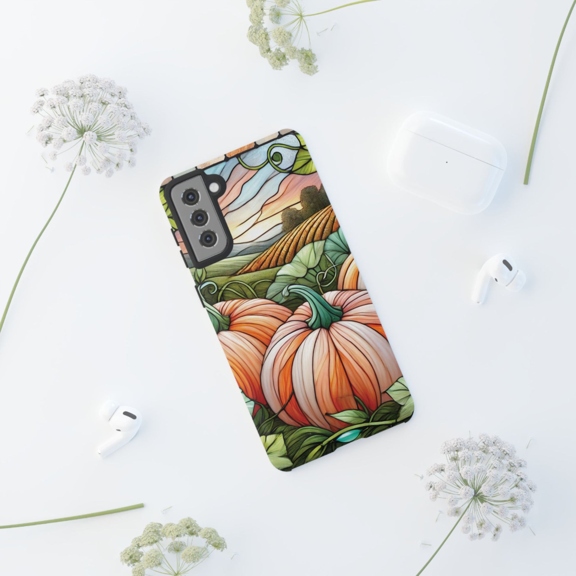 Pumpkins Phone Case Fall Faux Stained-Glass Thanksgiving Cover Pumpkin Lovers Gift for Galaxy S 24 23 22 21 Pixel 5 6 7 8 iPhone 17 , 16 15 14 13 12 Samsung iPhone Samsung Gift for Her