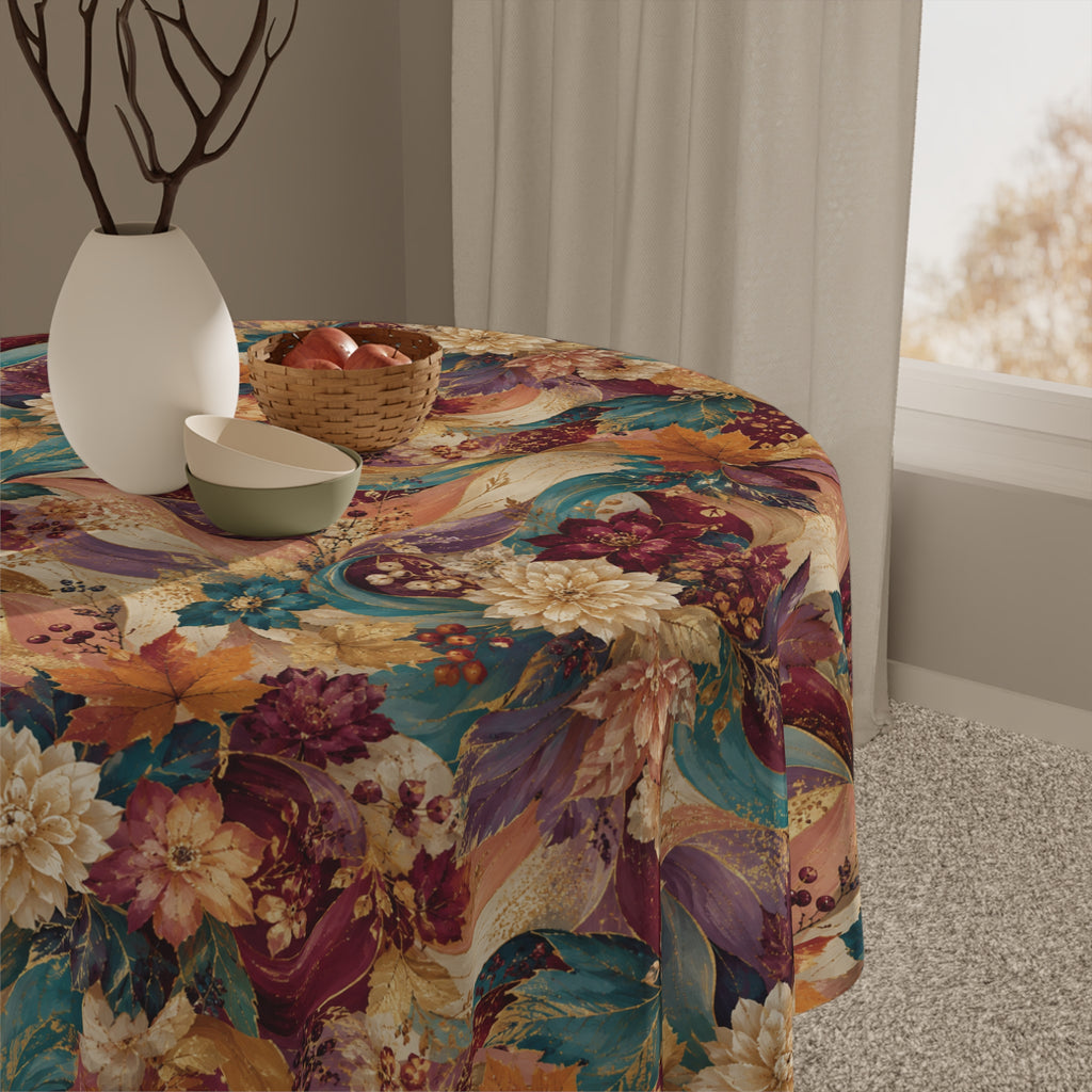 Autumn Harvest Floral Tablecloth — Vibrant Fall Leaves & Flowers Table Linen