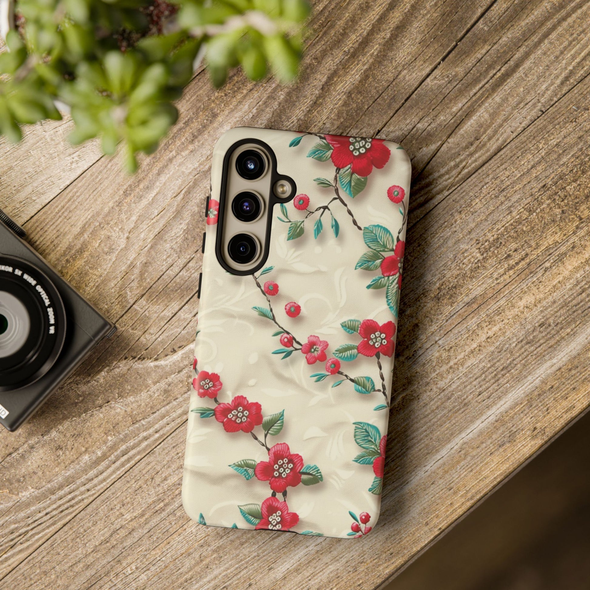 3D Embroidery Illusion Red Flowers Phone Case for iPhone, Samsung Pixel Artistic Floral Protection 15 14 13 12, 21 23 Gift for Her Perfect for Floral Lover